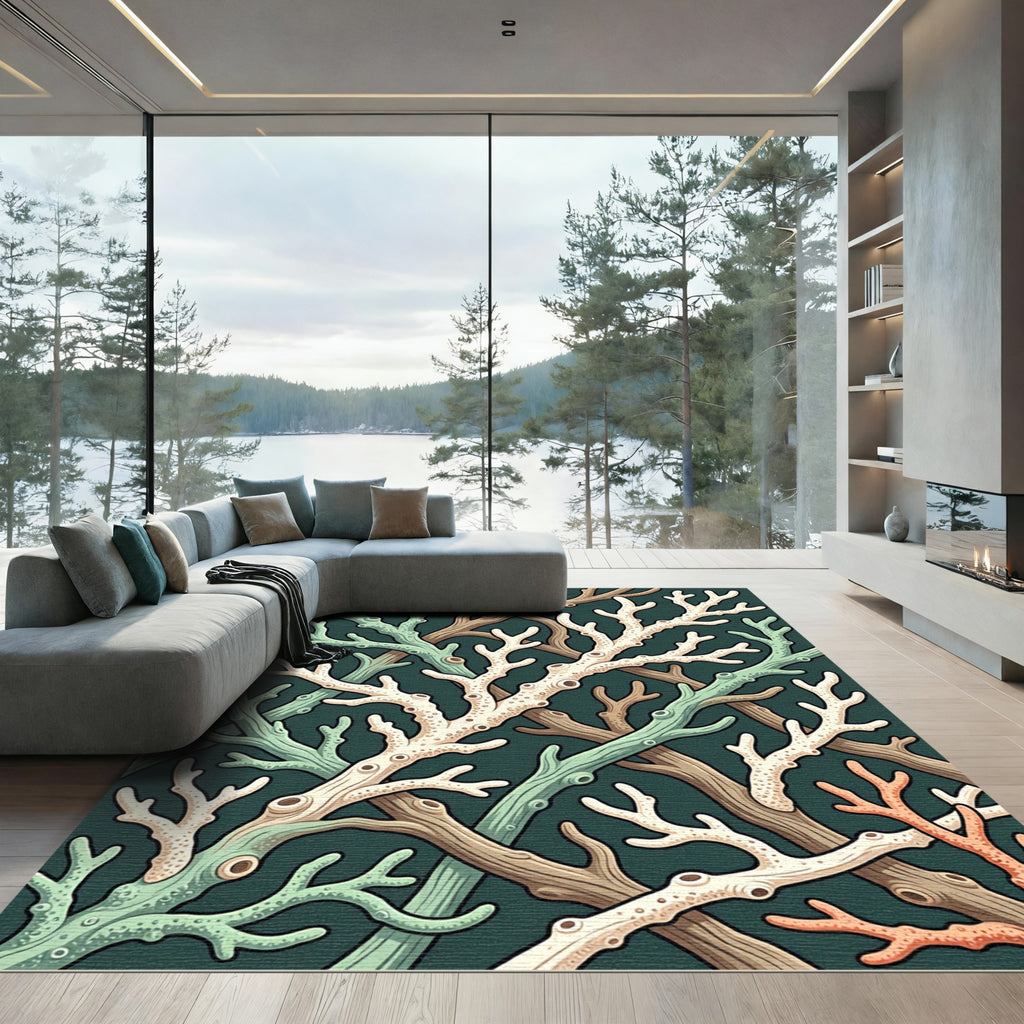 Earthy Deep Teal Oceanic Coral Reef Rug