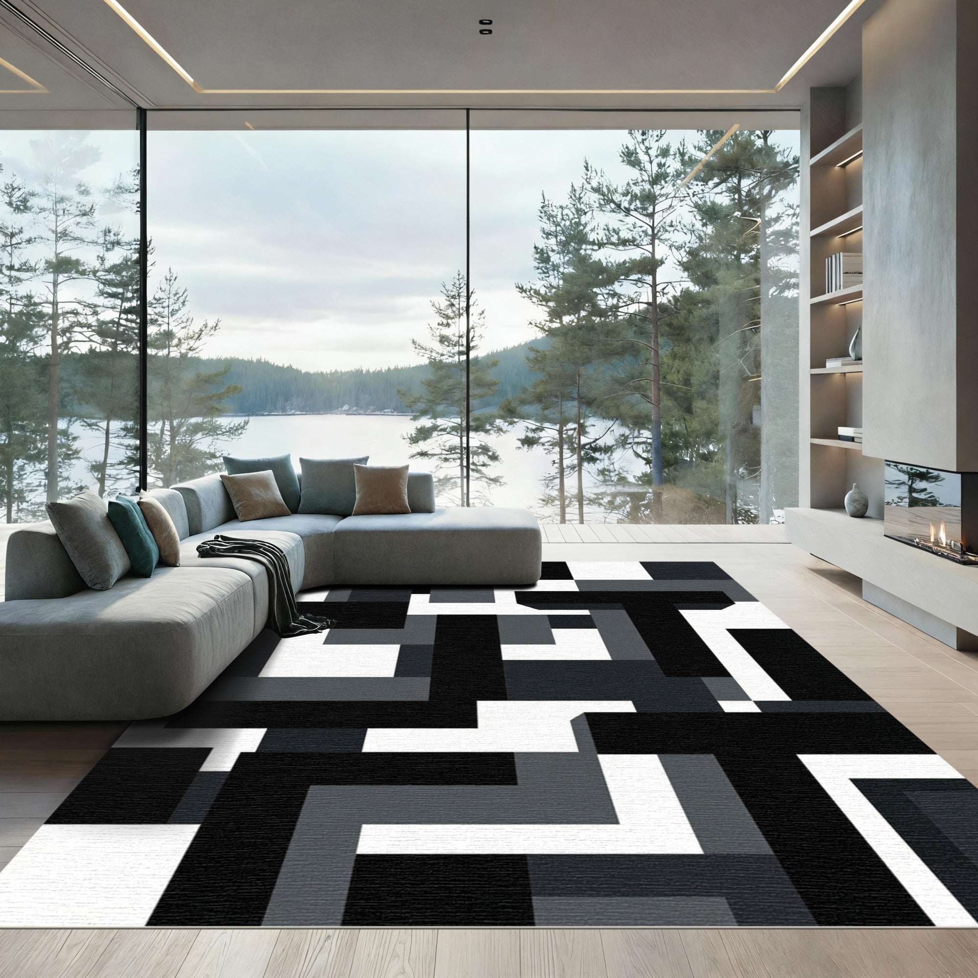 Modern Gray Black Abstract Geometric Rug