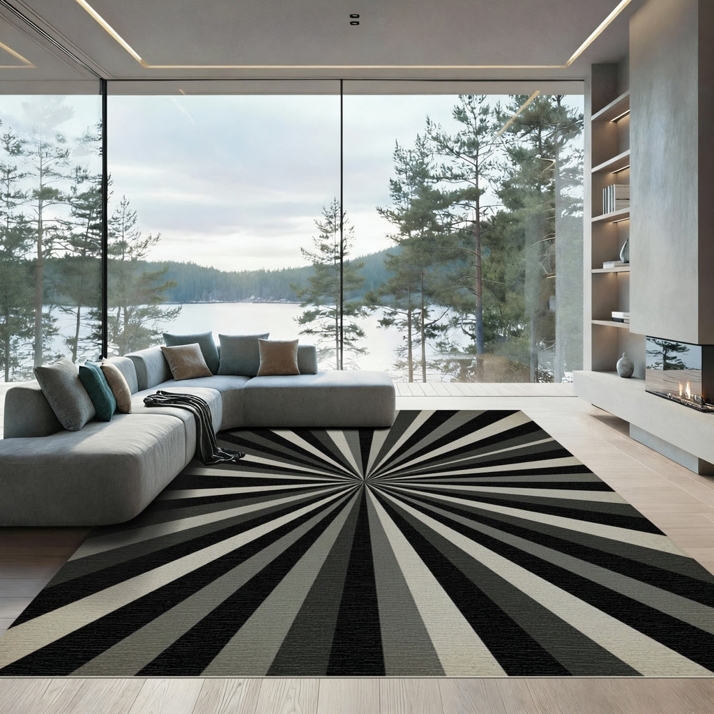 Retro Sunburst Gray Stripe Rug