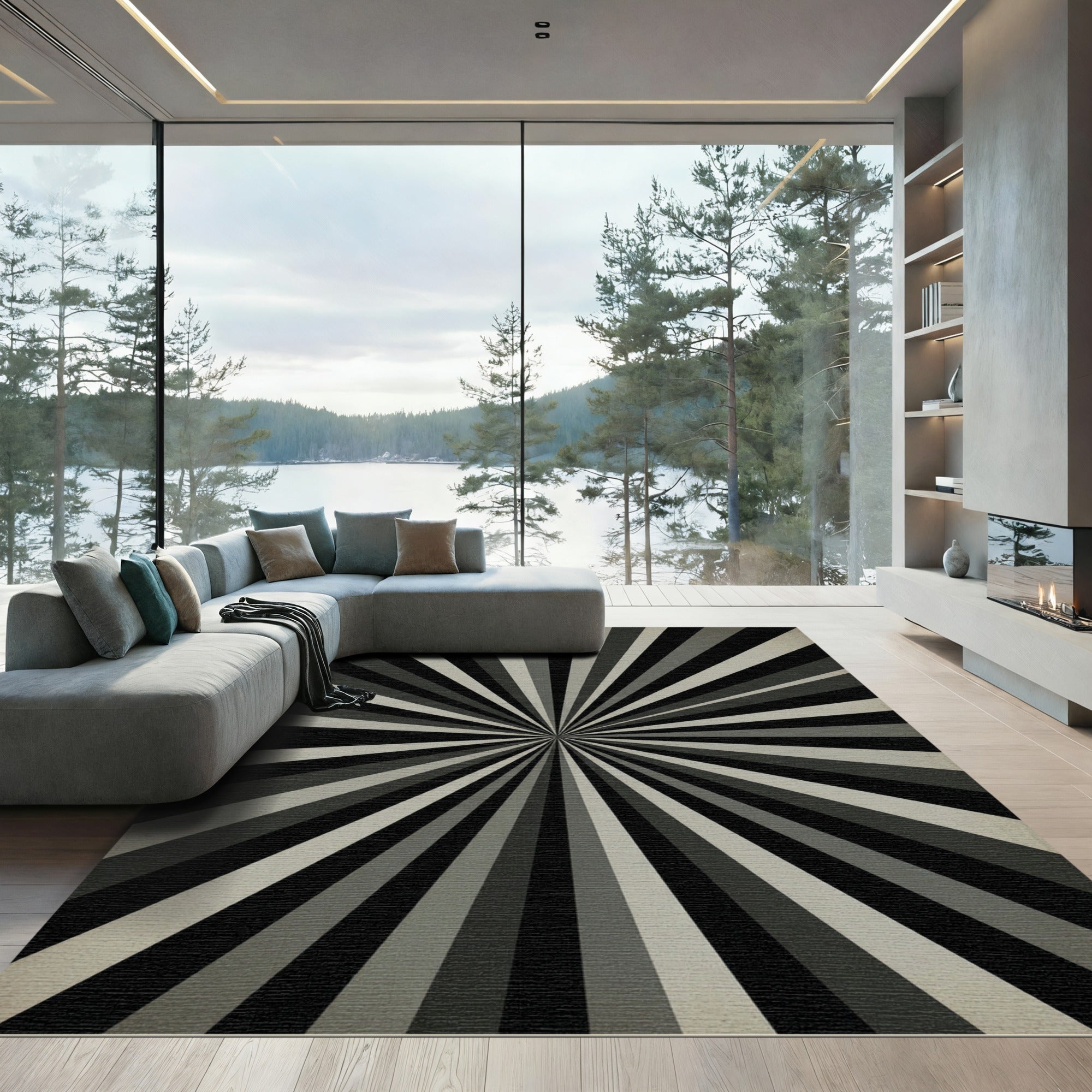 Retro Sunburst Gray Stripe Rug