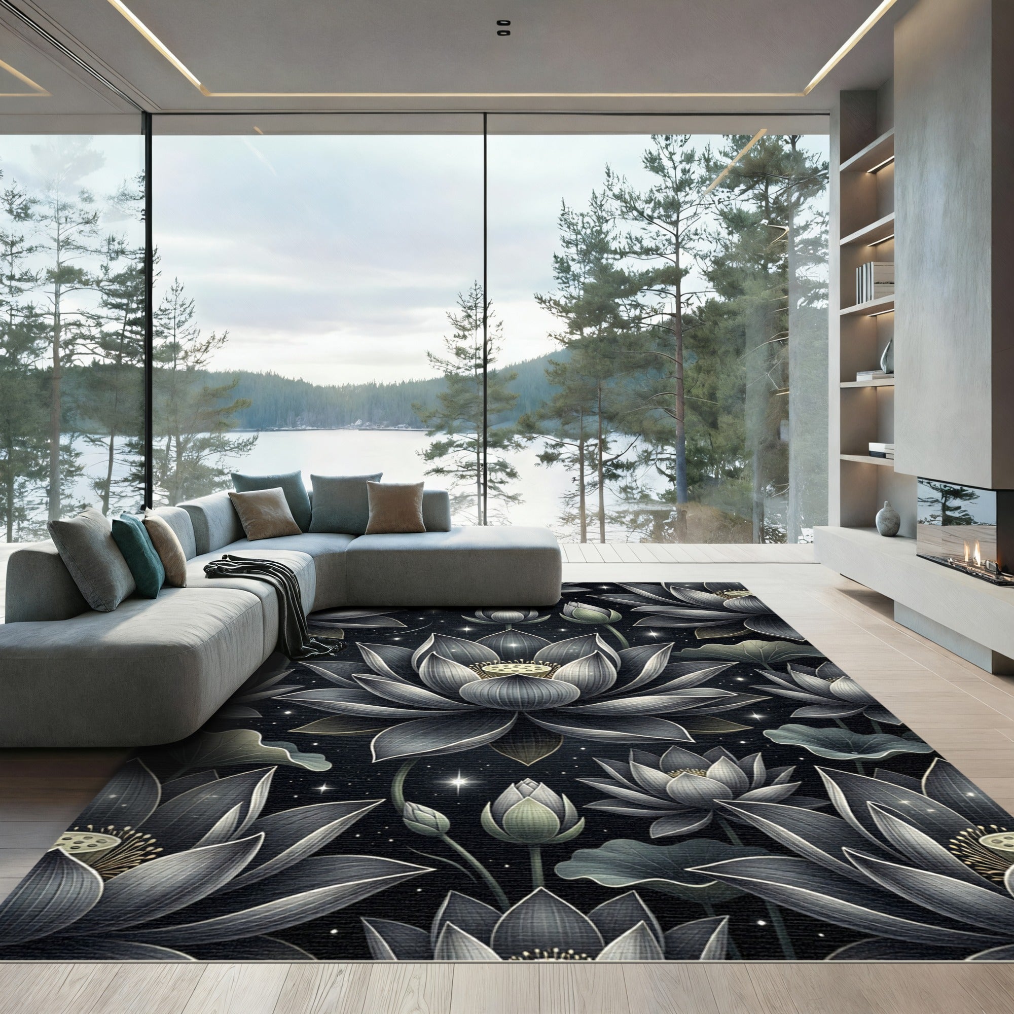 Dark Floral Garden Lotus Stars Rug