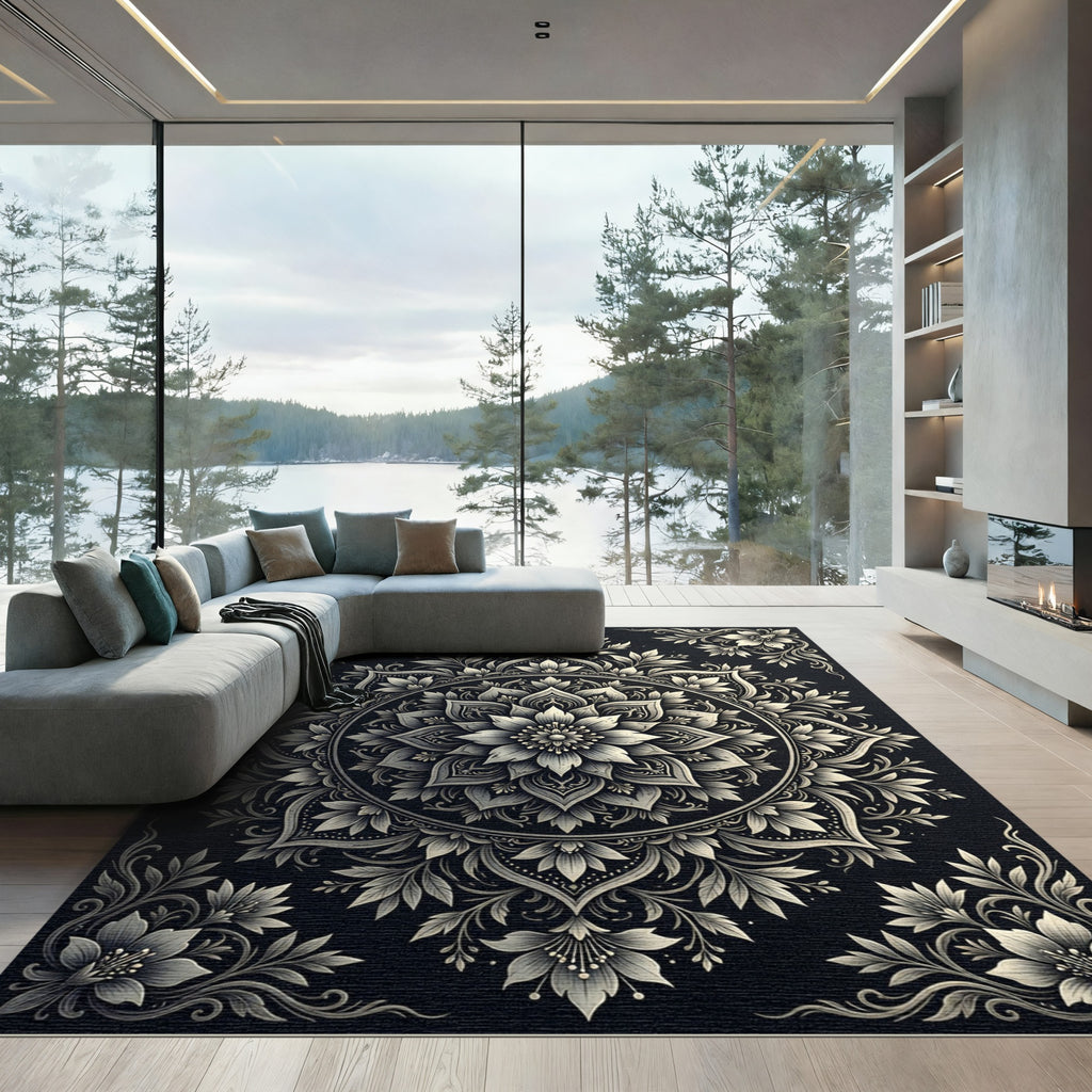 Ornate Black White Floral Mandala Rug