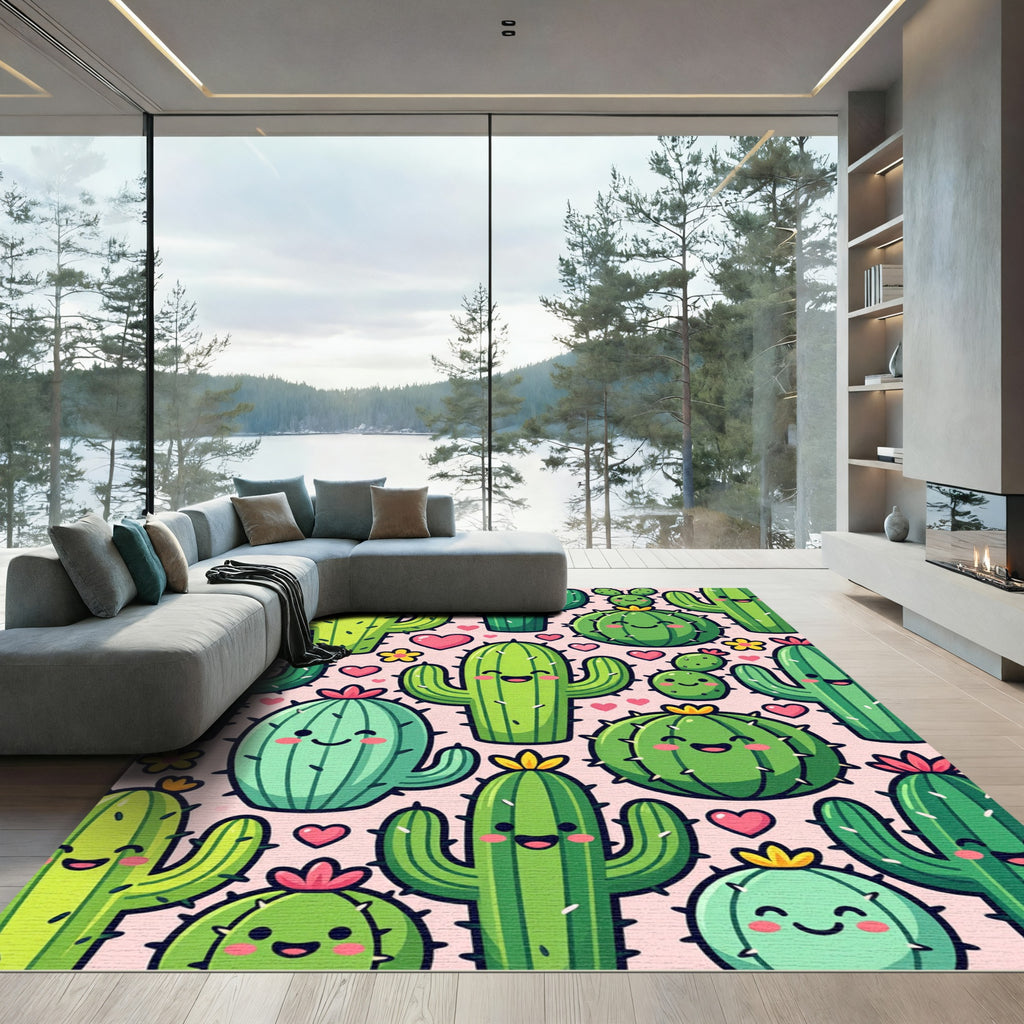 Cute Happy Cactus and Heart Illustration Rug