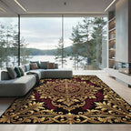 Ornate Gold Burgundy Floral Medallion Rug
