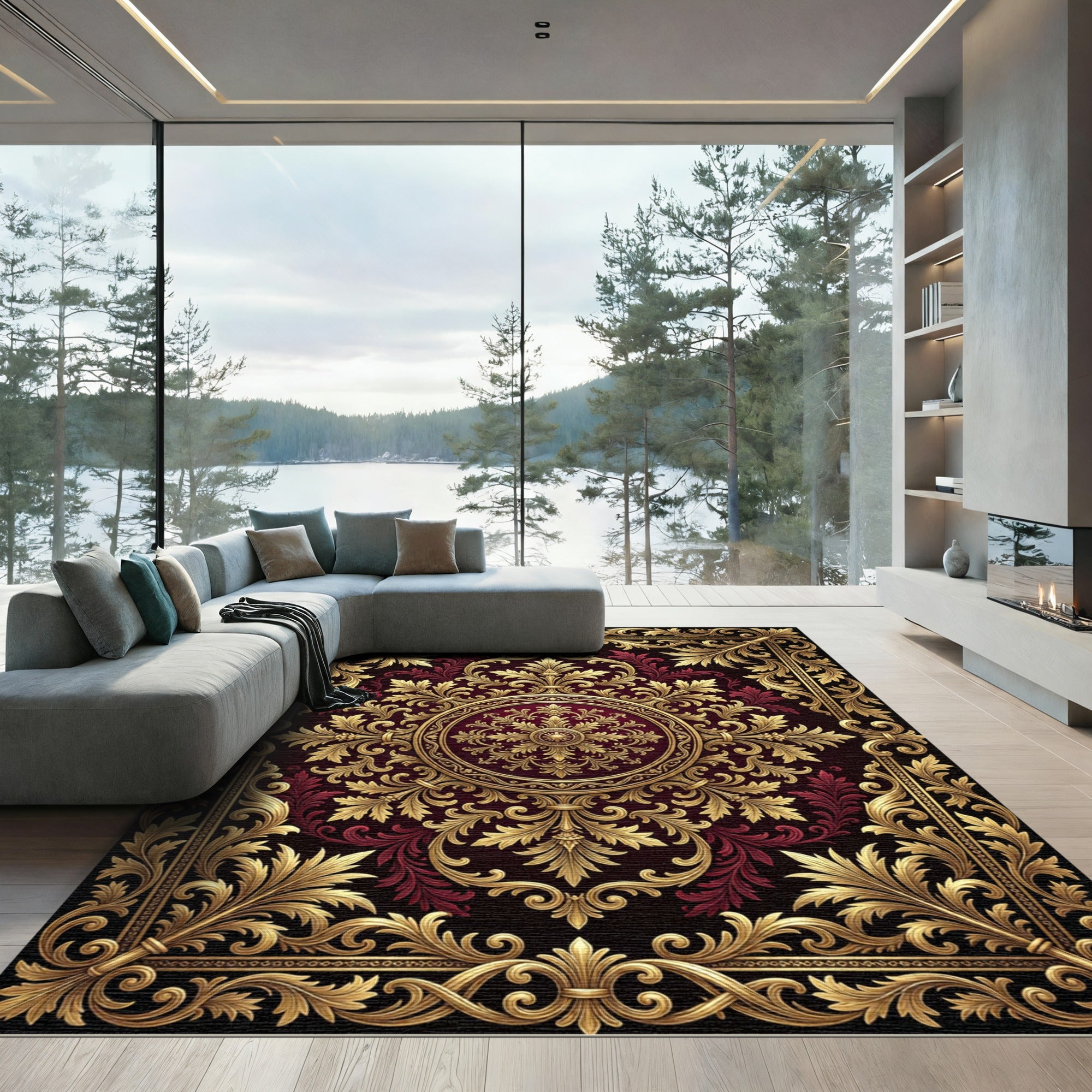 Ornate Gold Burgundy Floral Medallion Rug