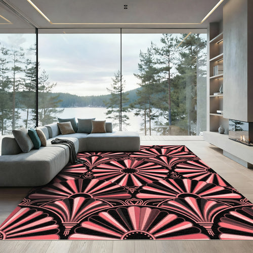 Art Deco Fan Coral Black Medallion Rug