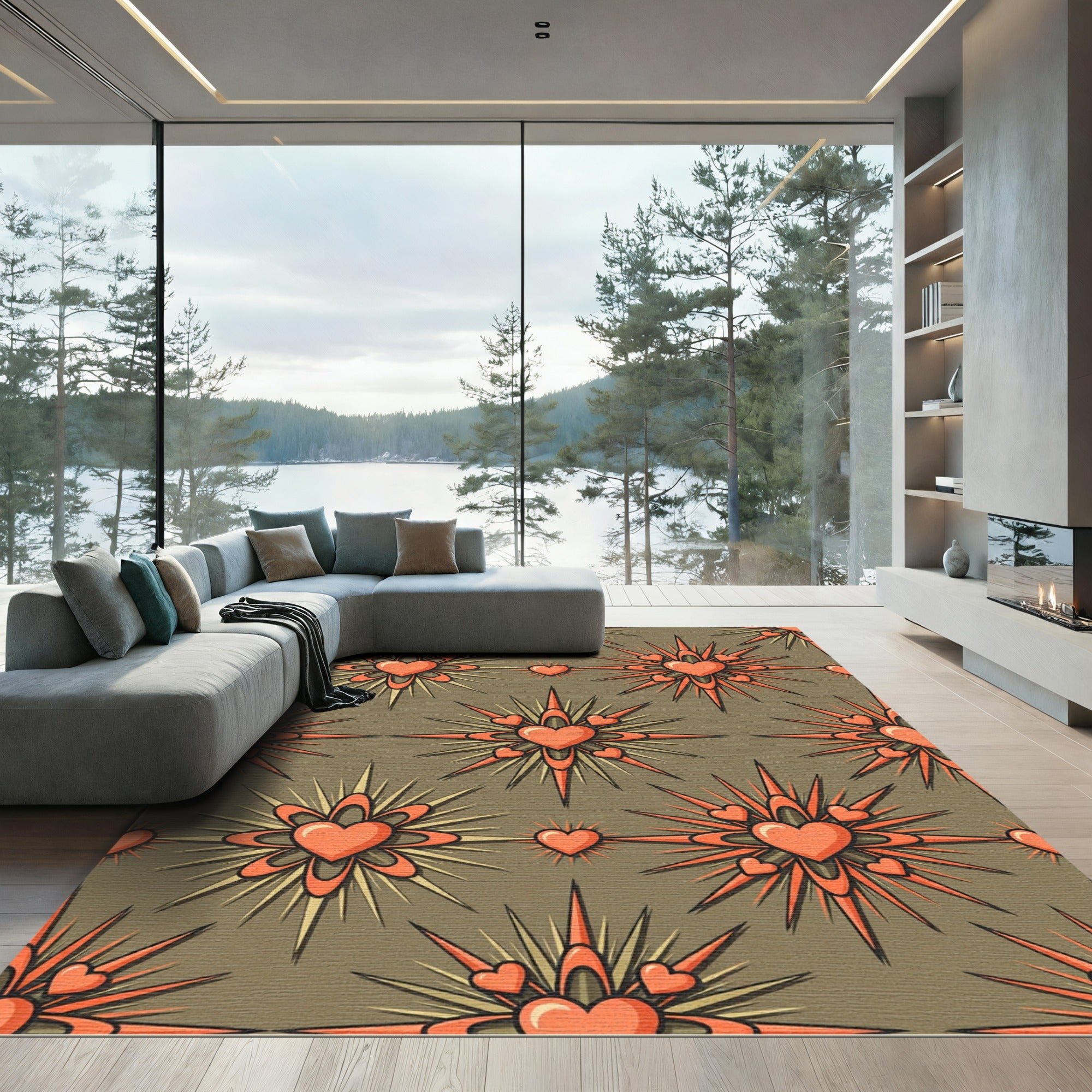 Coral Heart Starburst Brown Rug