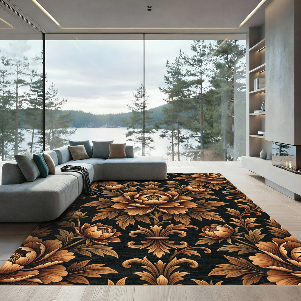 Elegant Bronze Peony Scroll Wallpaper Rug