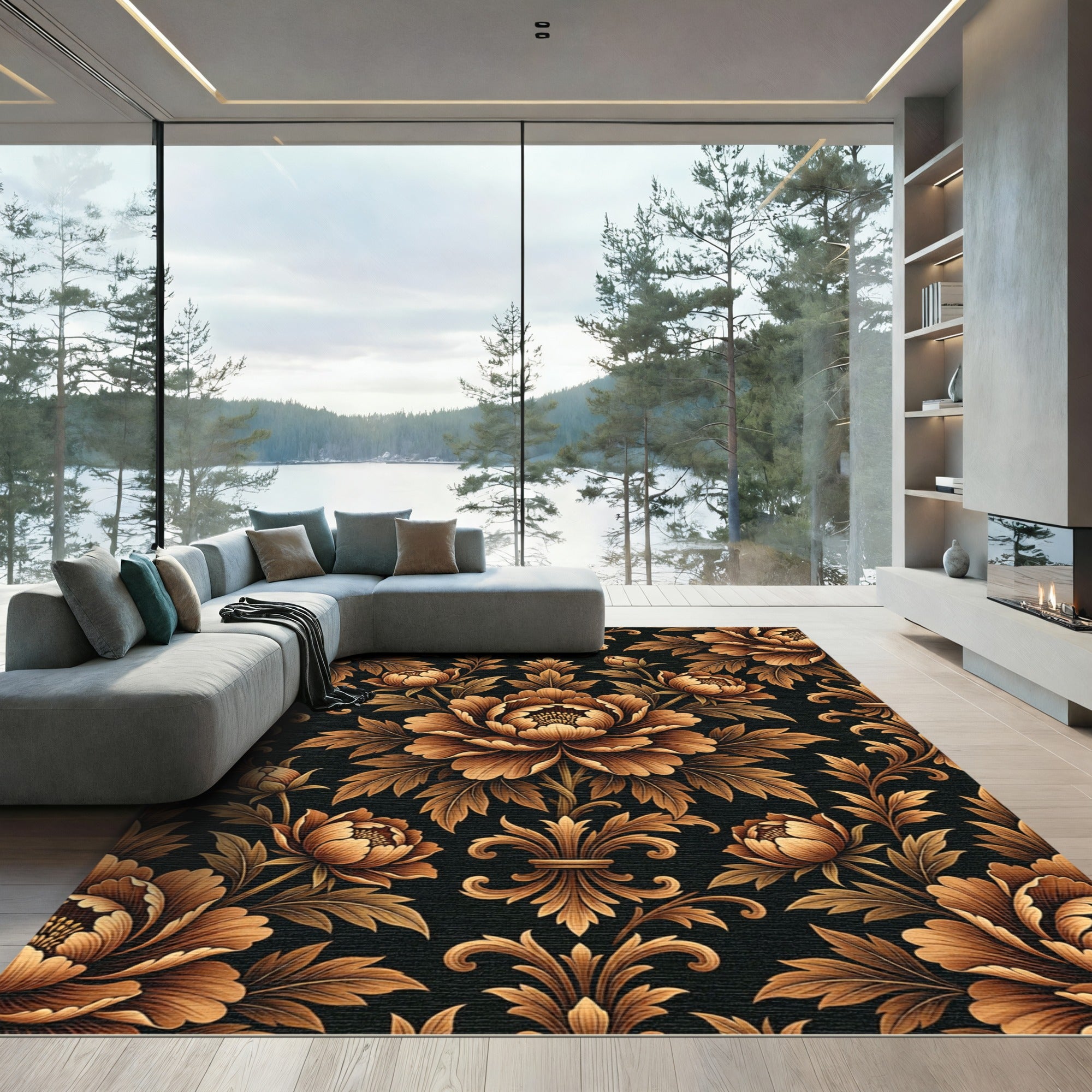 Elegant Bronze Peony Scroll Wallpaper Rug