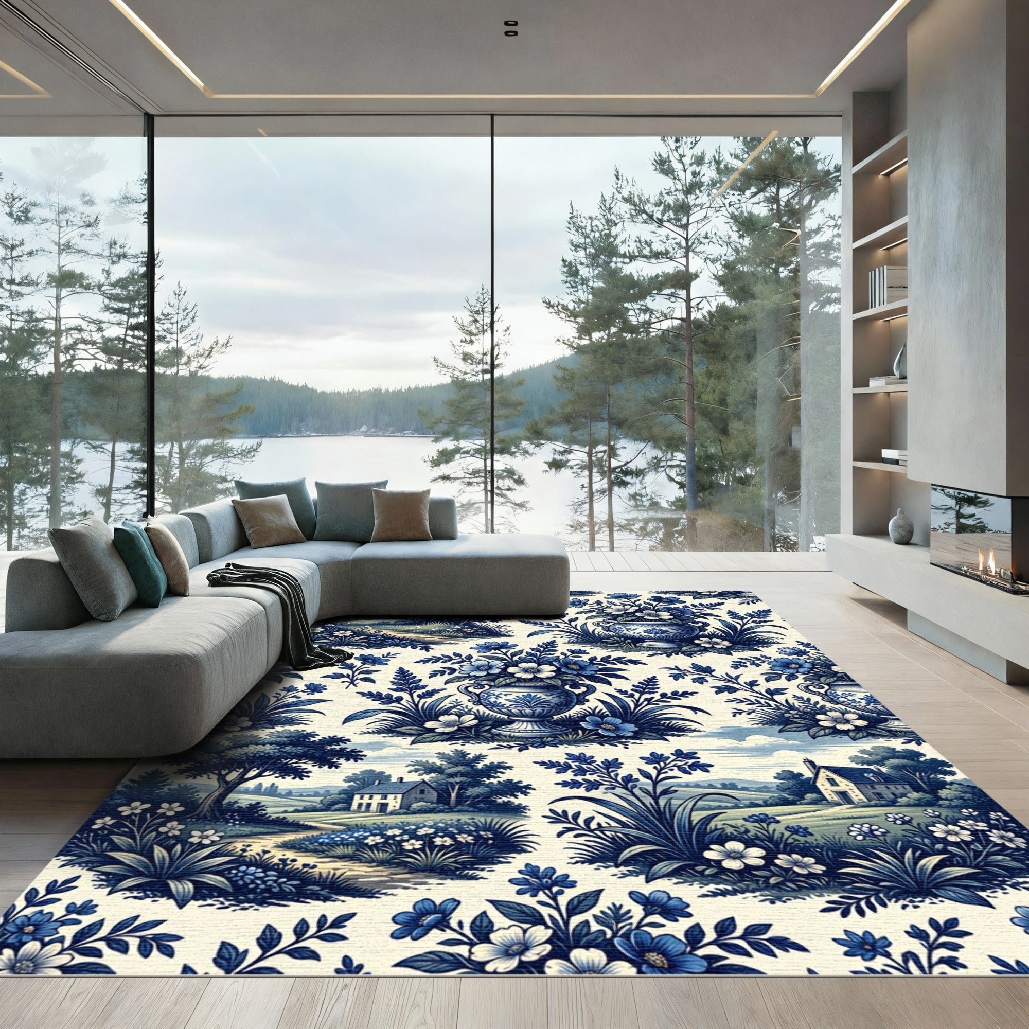 Blue Toile Landscape and Floral Urn Rug