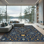 Navy Blue Golden Leaf Arabesque Rug