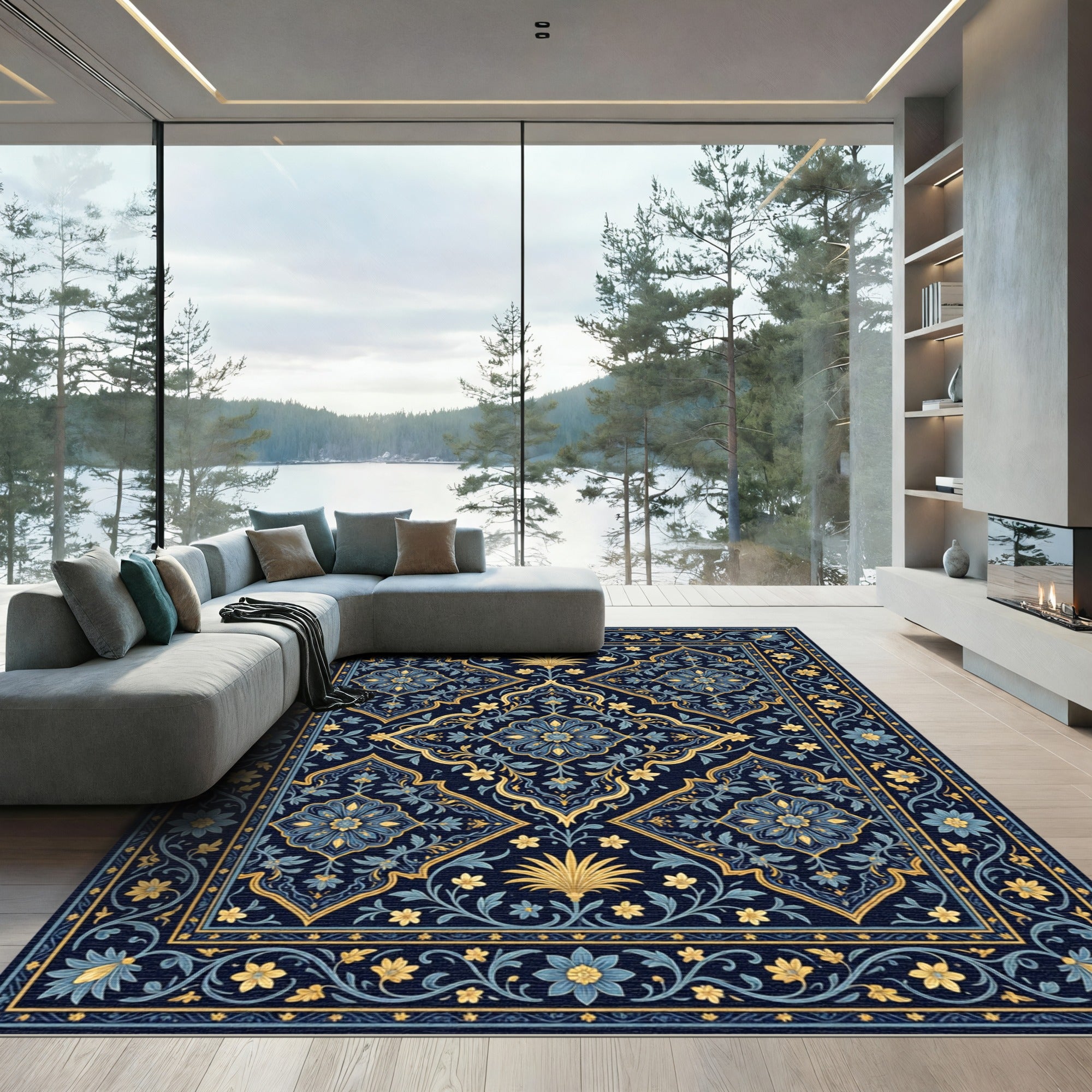Navy Blue Golden Leaf Arabesque Rug