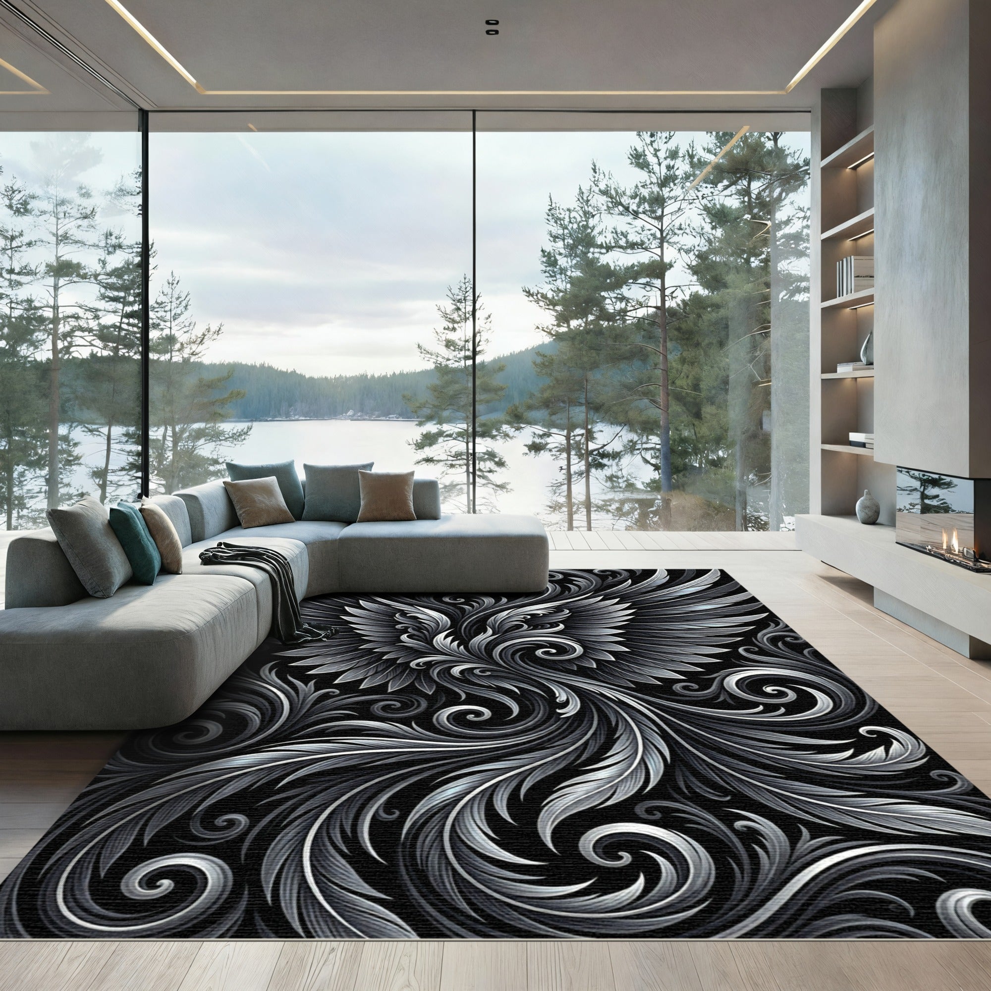 Monochrome Feathered Scrollwork Rug