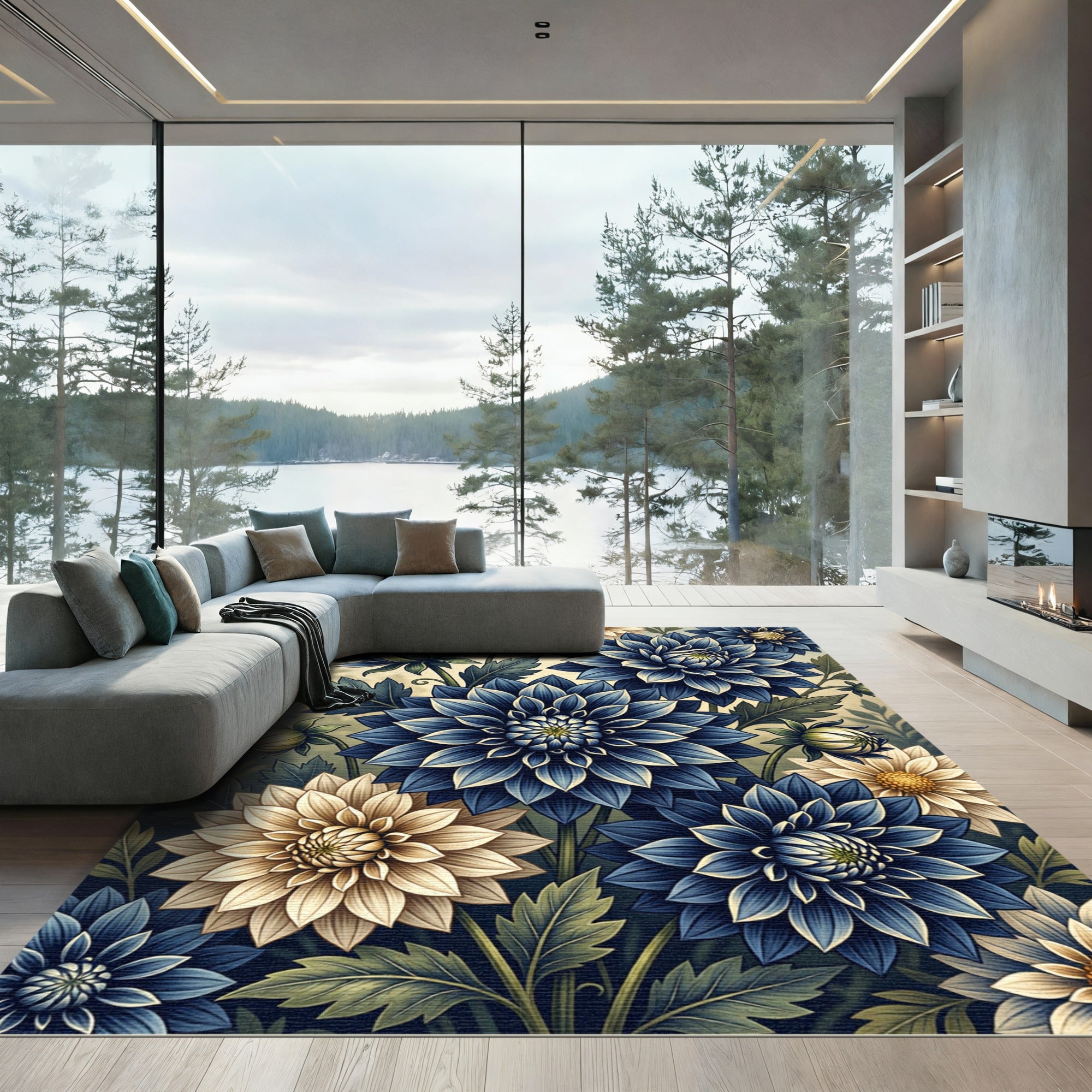 Midnight Dahlia Garden Botanical Floral Rug