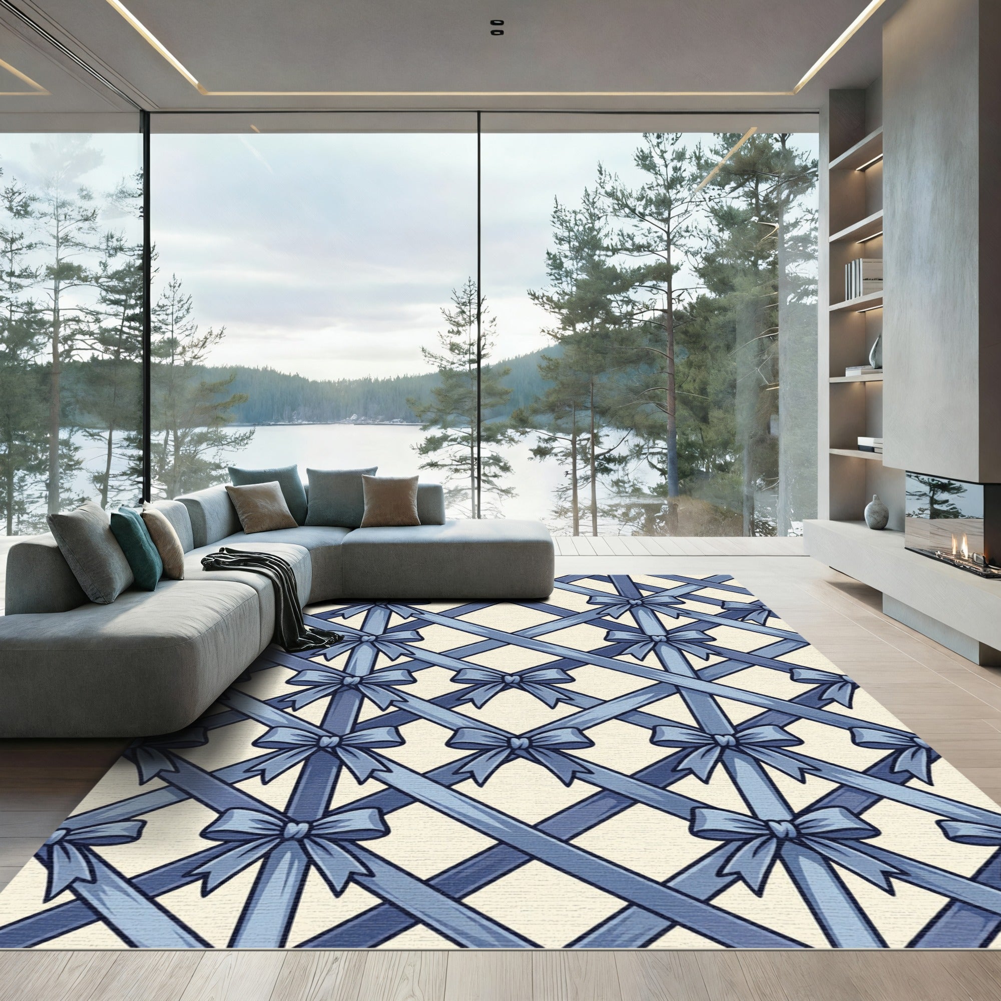 Blue Lattice Ribbon Bow Grid Rug