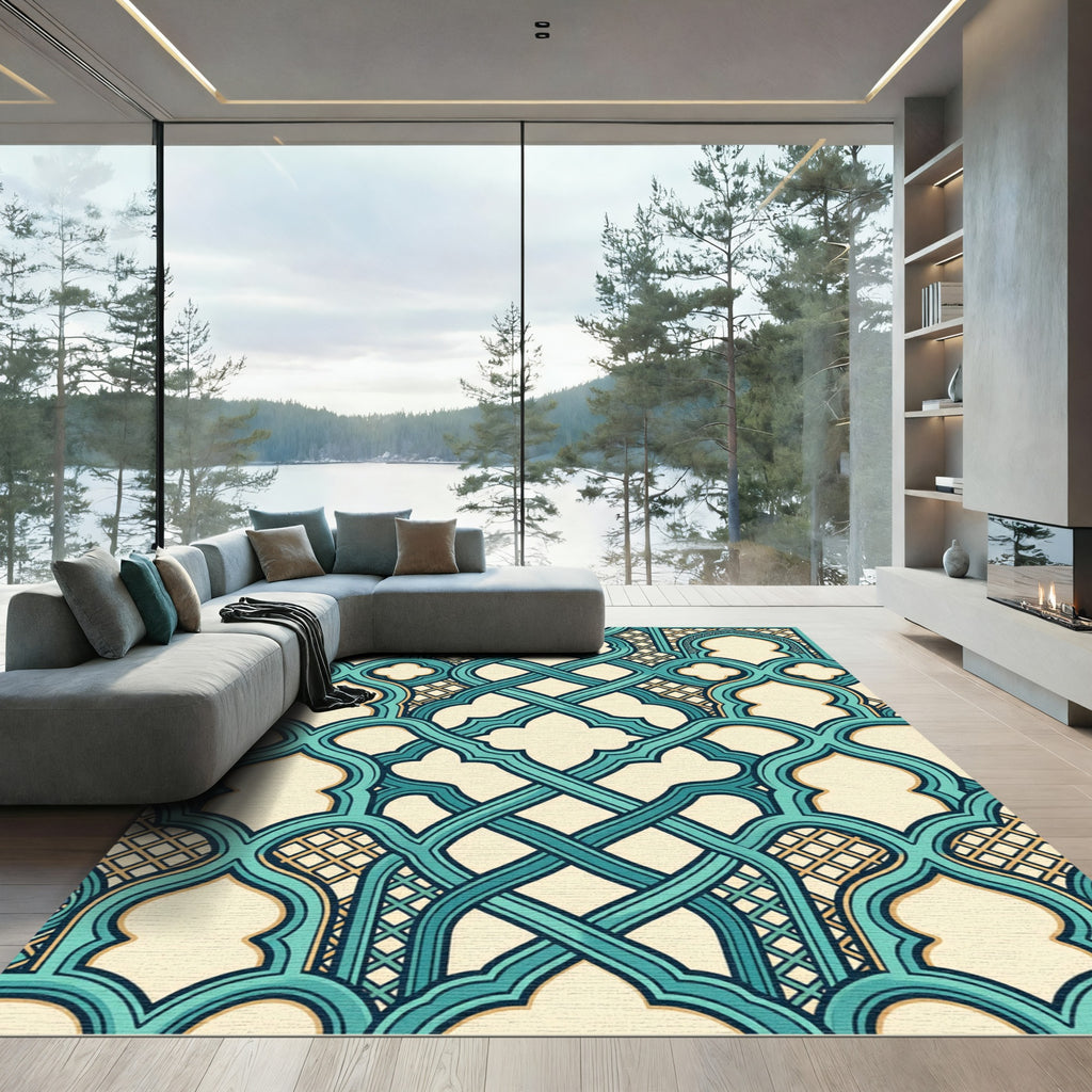 Teal Interlocking Arch Geometric Rug