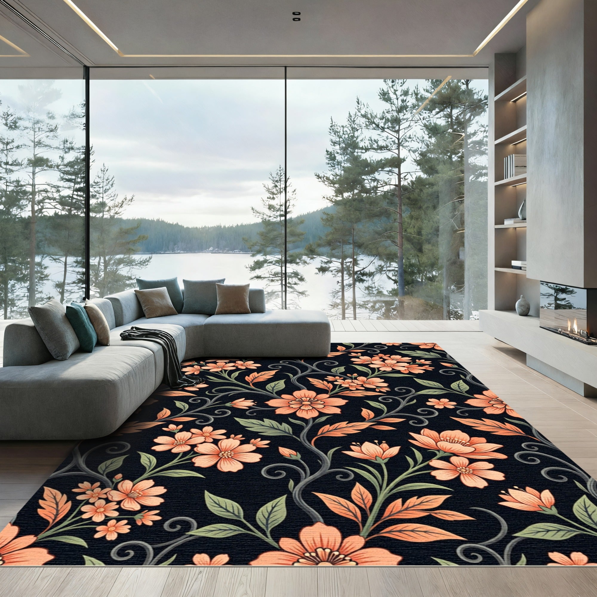 Elegant Peach Floral Swirl Damask Rug