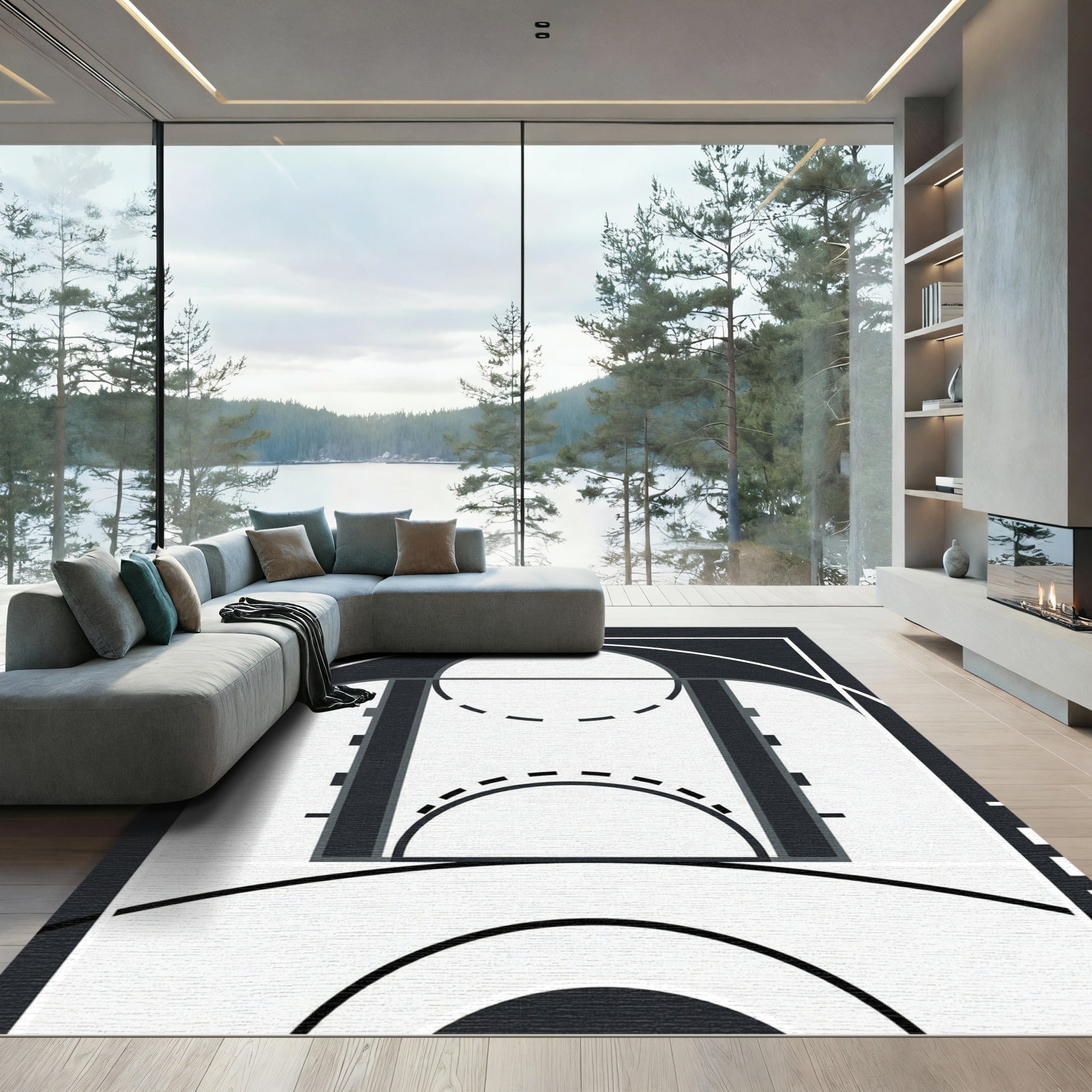 Minimalist Monochrome Abstract Geometric Arc Rug