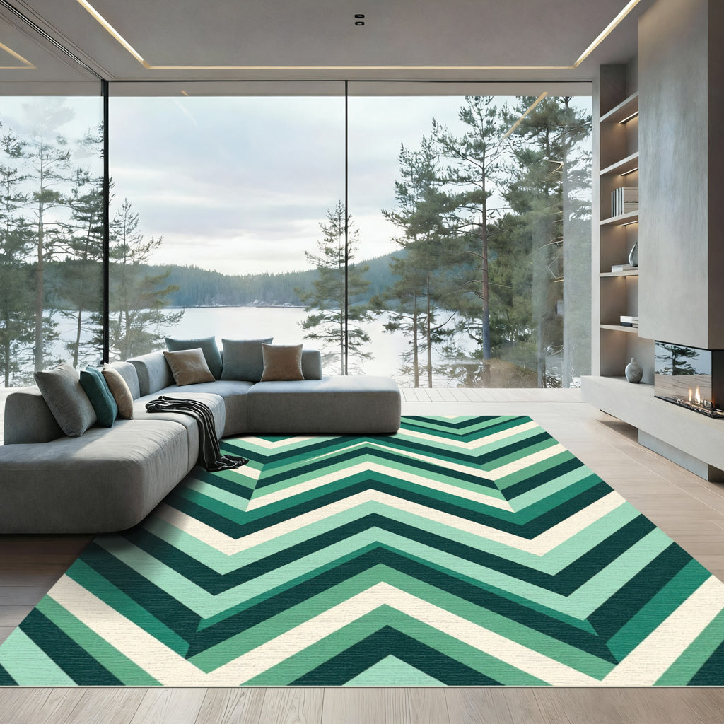 Modern Emerald Chevron Geometric Stripe Rug