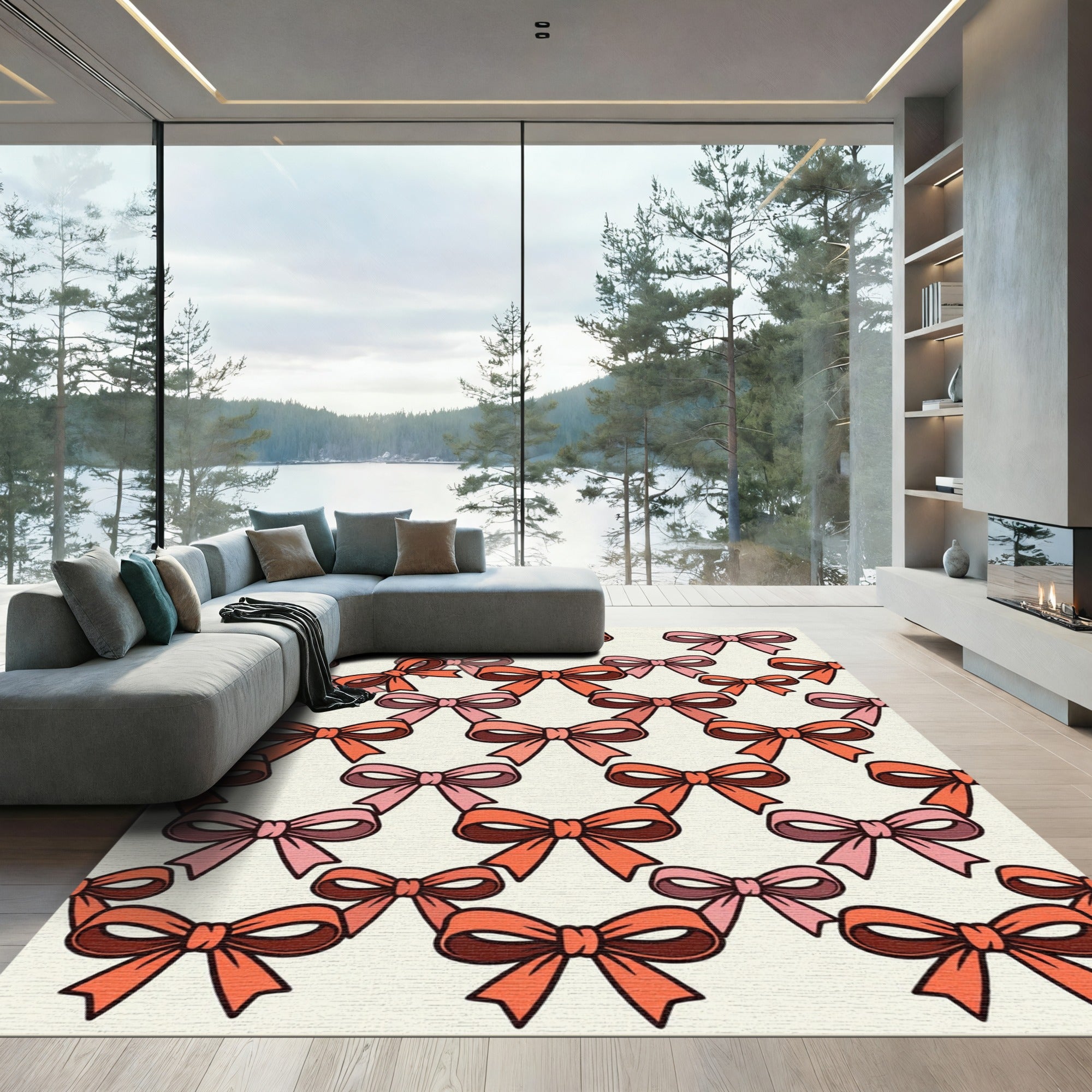 Playful Coral and Pink Bow Ribbon Rug