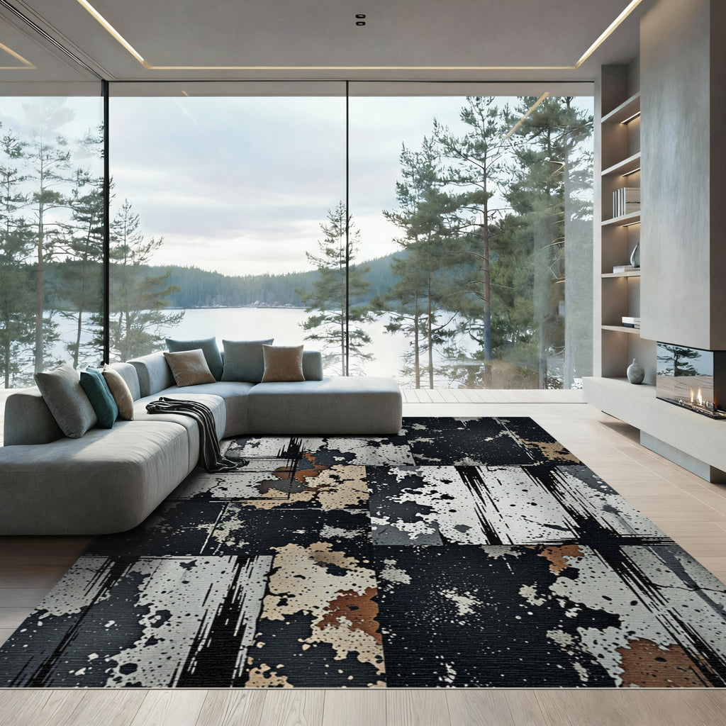 Distressed Monochrome Industrial Grunge Abstract Art Rug