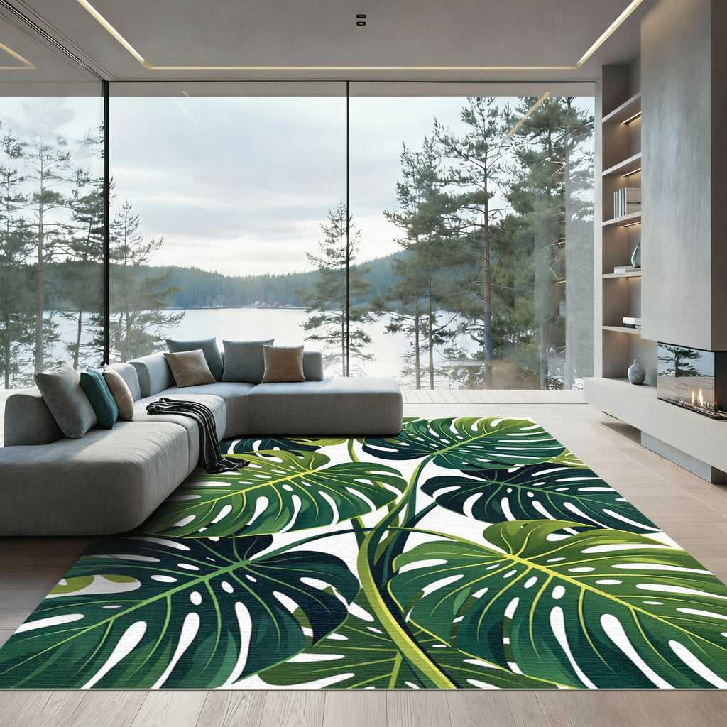 Lush Green Tropical Monstera Leaves Rug