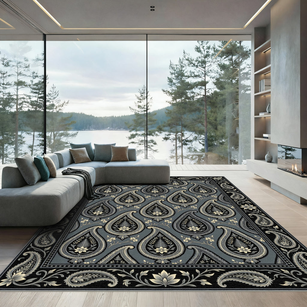 Classic Gray Paisley Floral Border Rug
