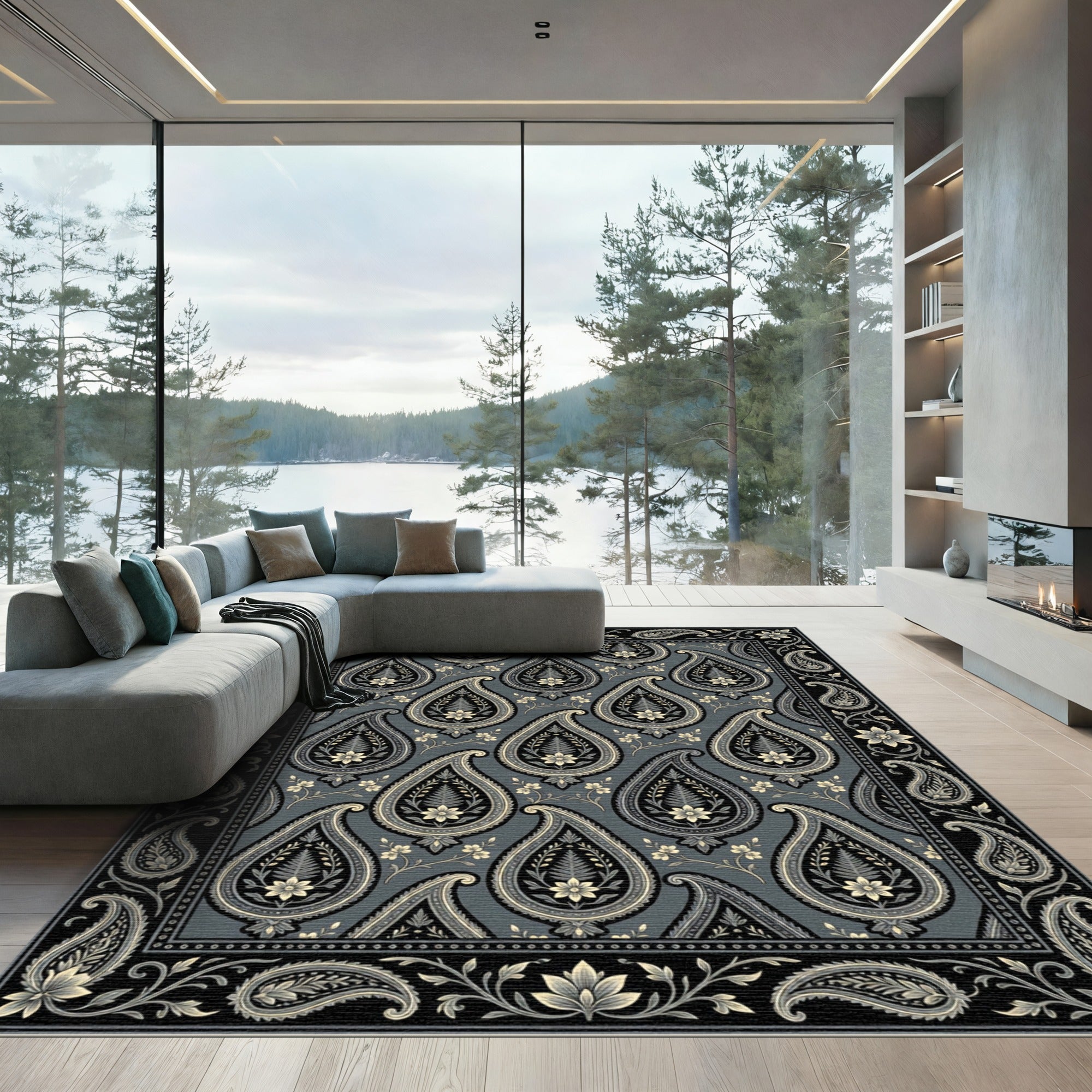 Classic Gray Paisley Floral Border Rug
