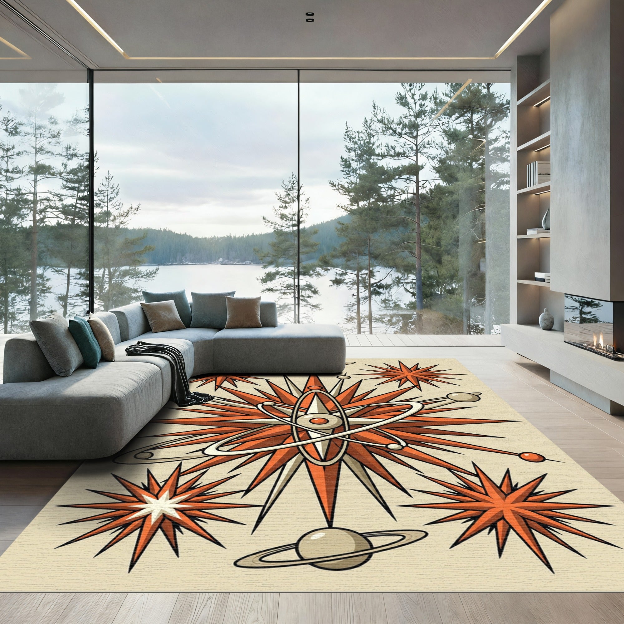 Mid-Century Orange Atomic Starburst Rug