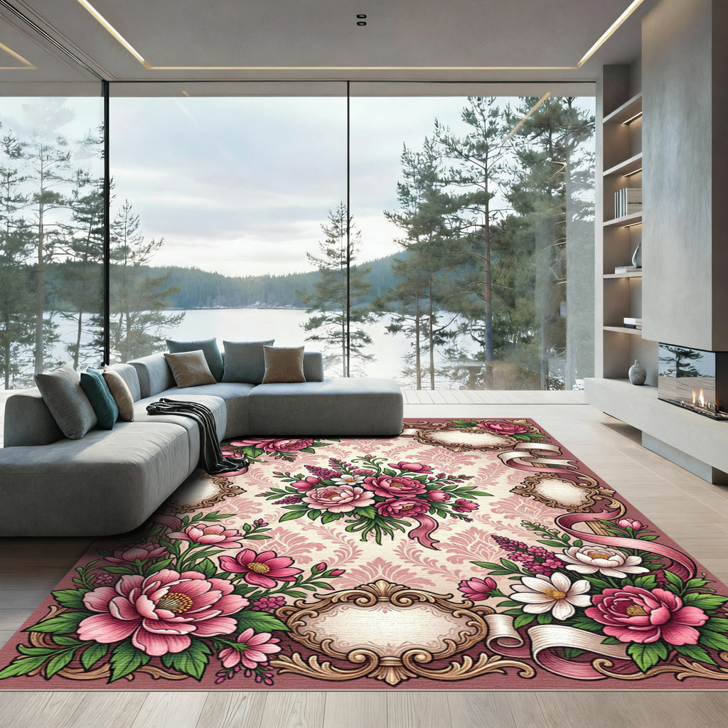 Vintage Pink Floral Damask Ribbon Frame Rug