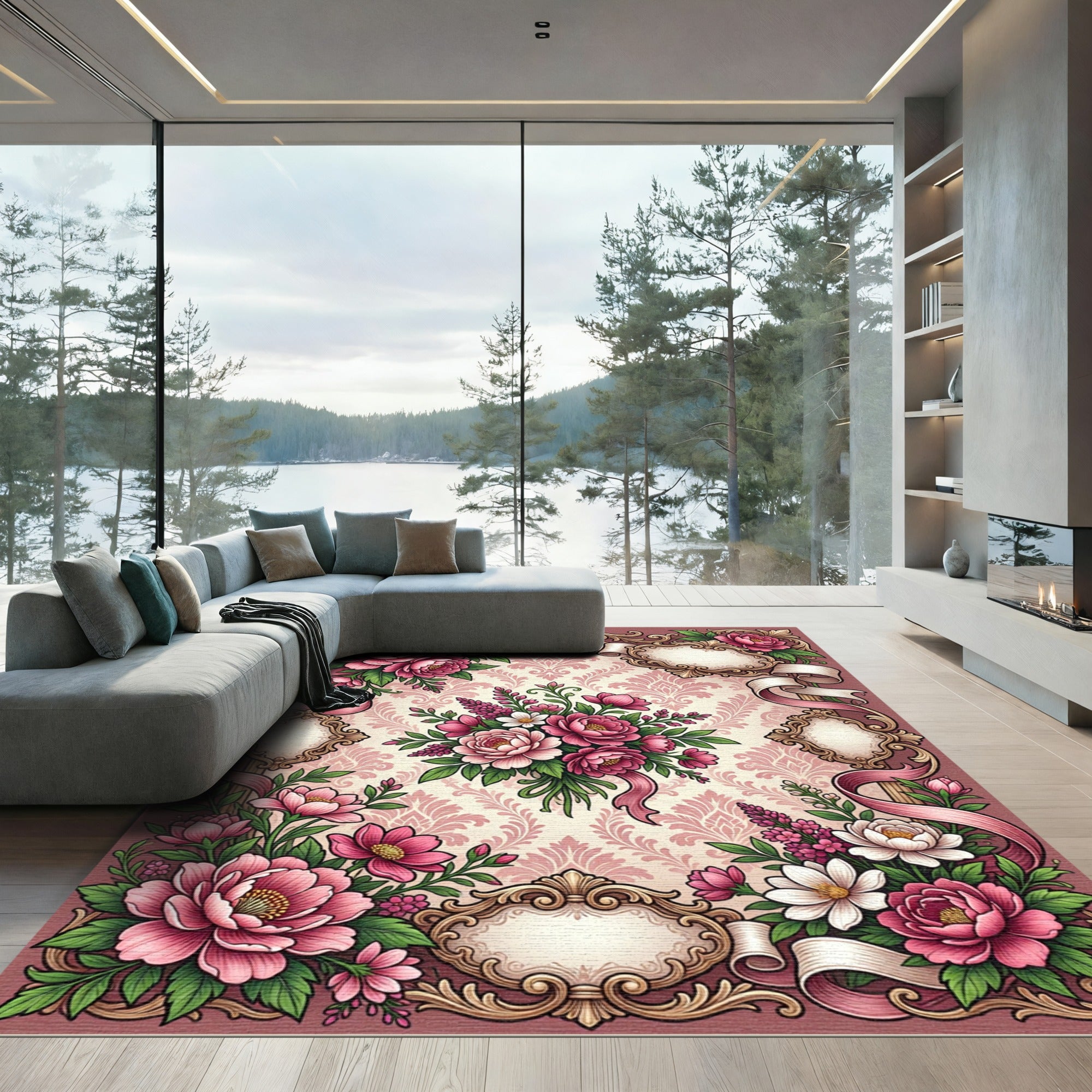 Vintage Pink Floral Damask Ribbon Frame Rug