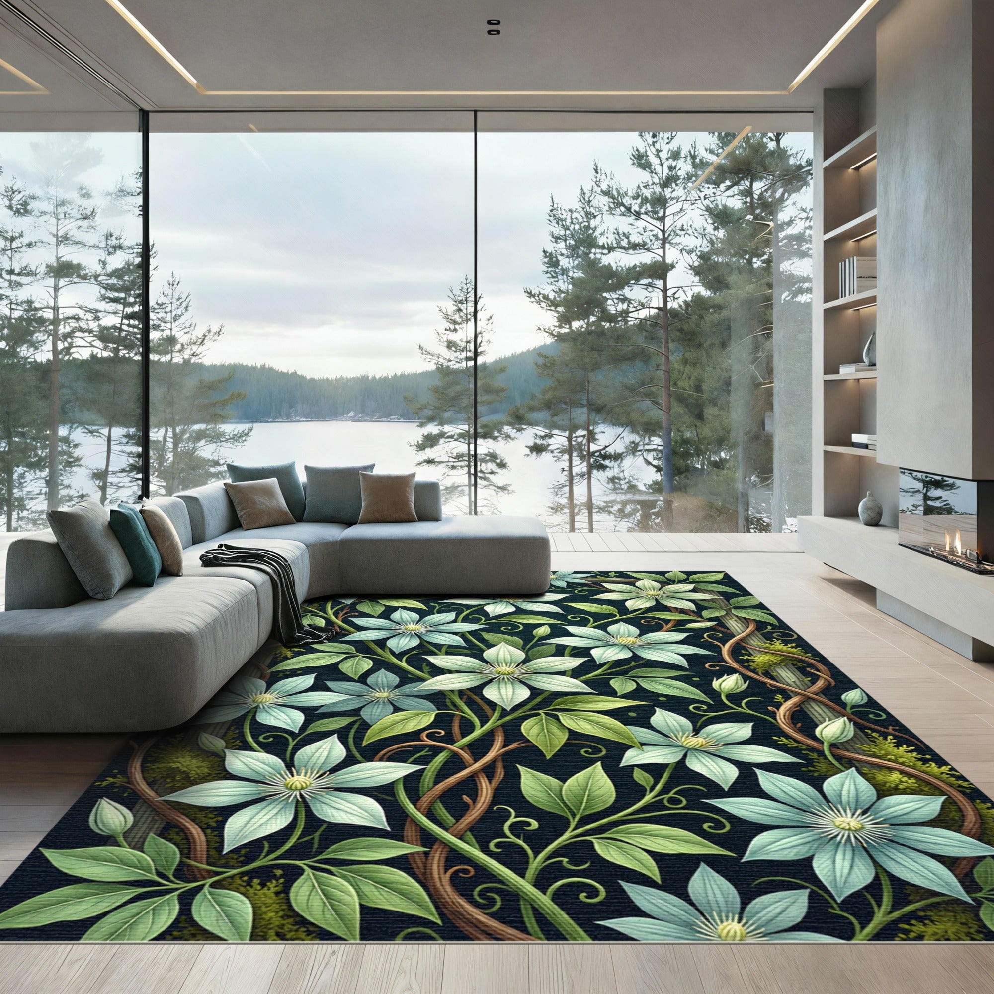Pale Blue Floral Garden Vines Rug