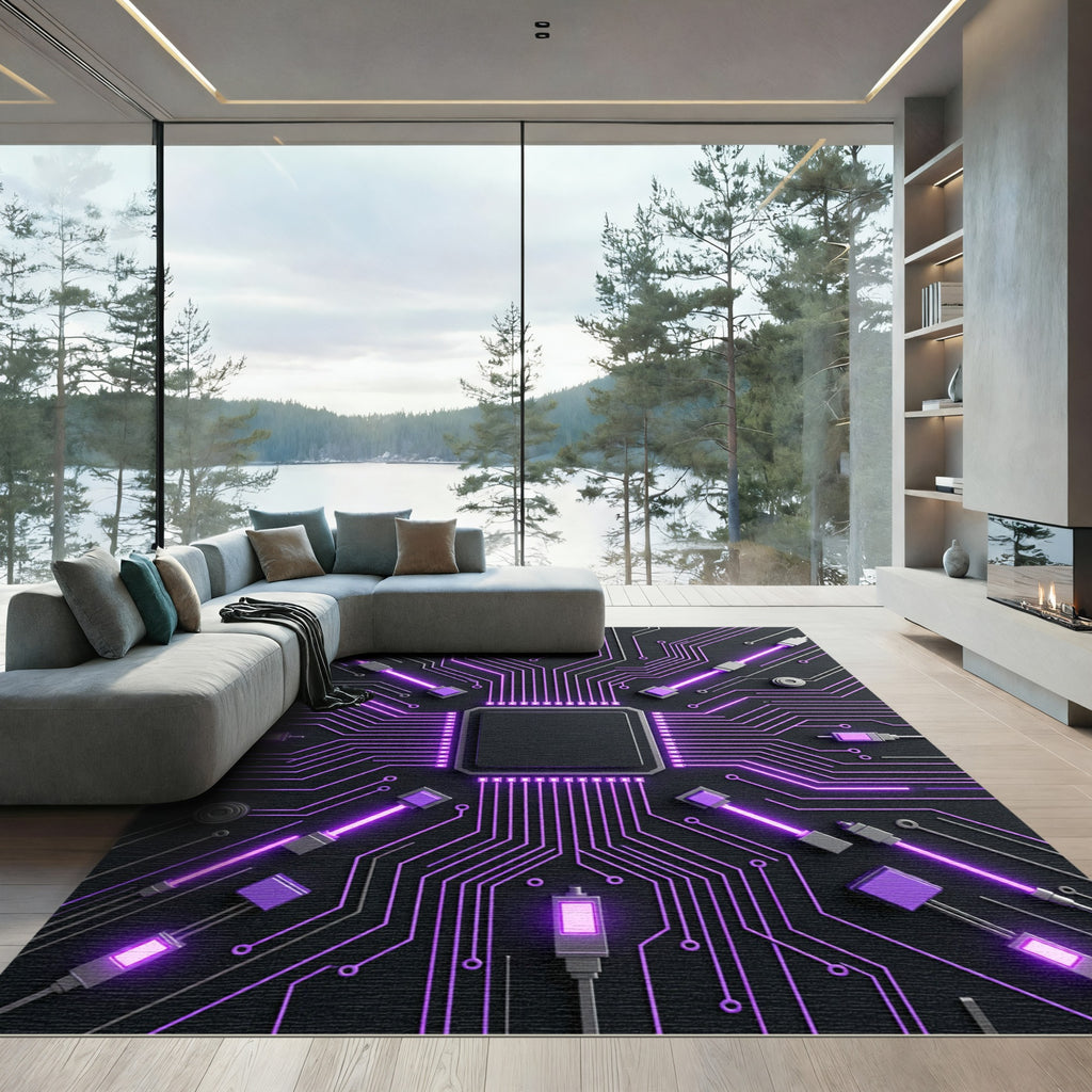 Neon Cybernetic Circuitry Glowing Abstract Art Rug
