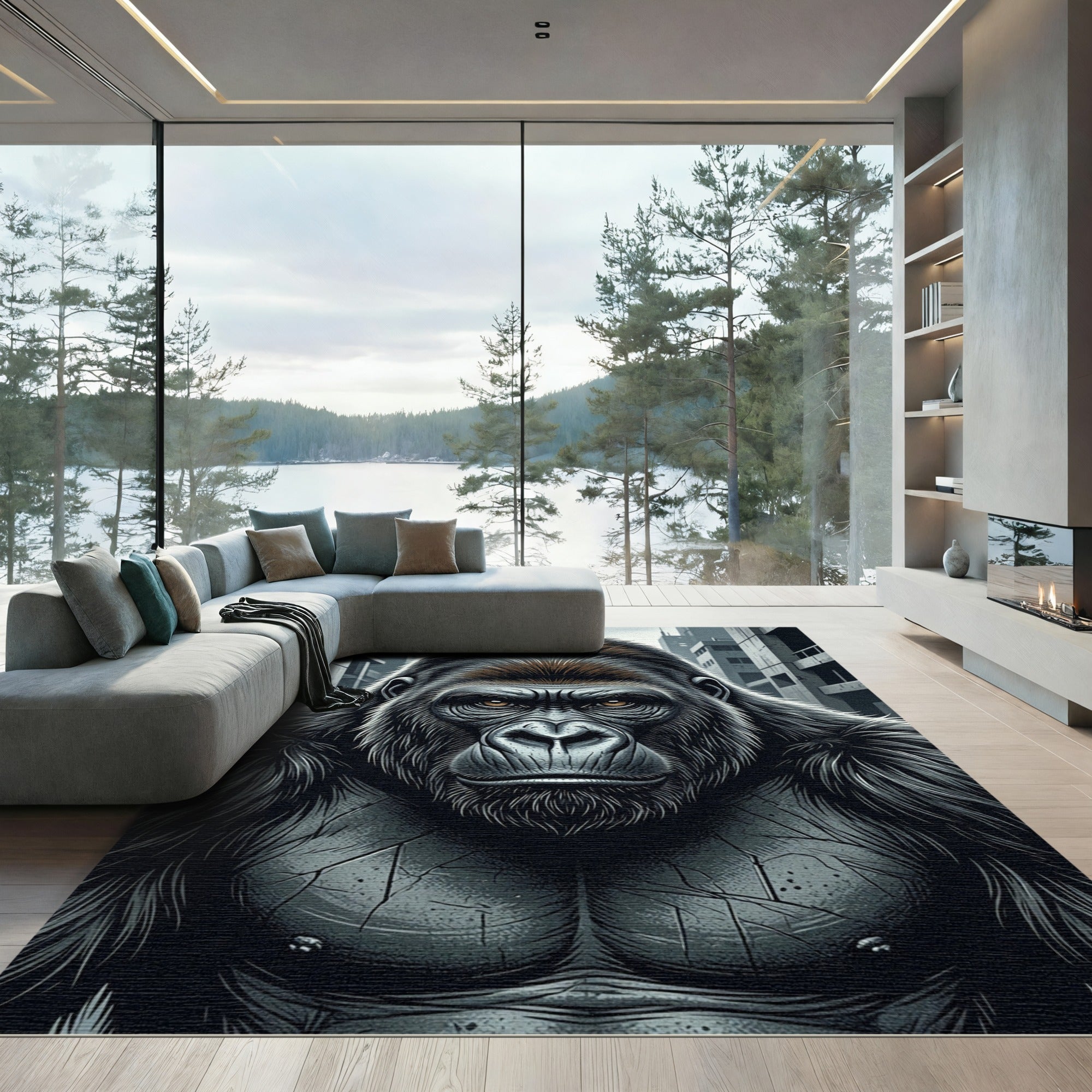 Intense Silverback Gorilla Cinematic Portrait Rug