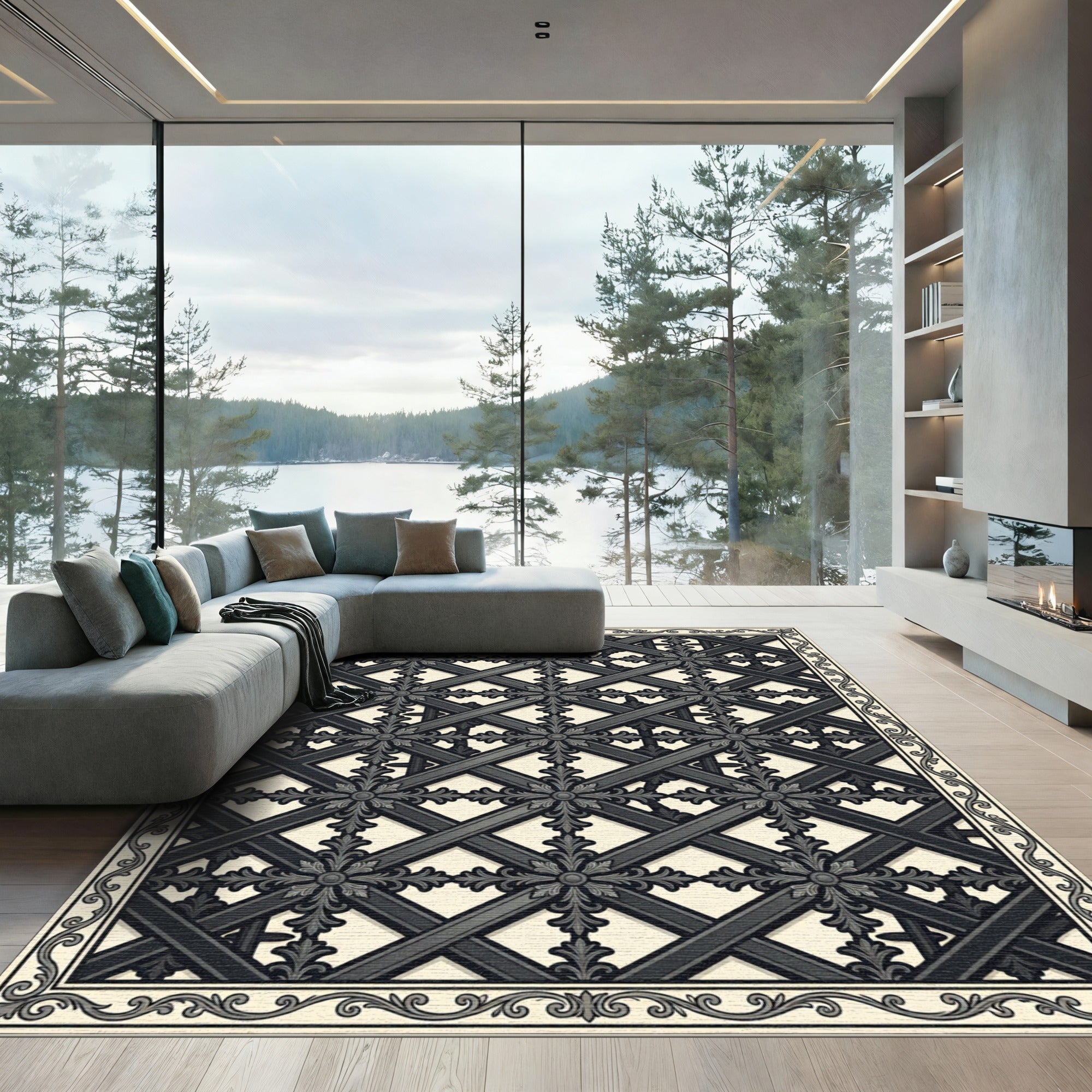 Classic Charcoal Lattice Floral Rug