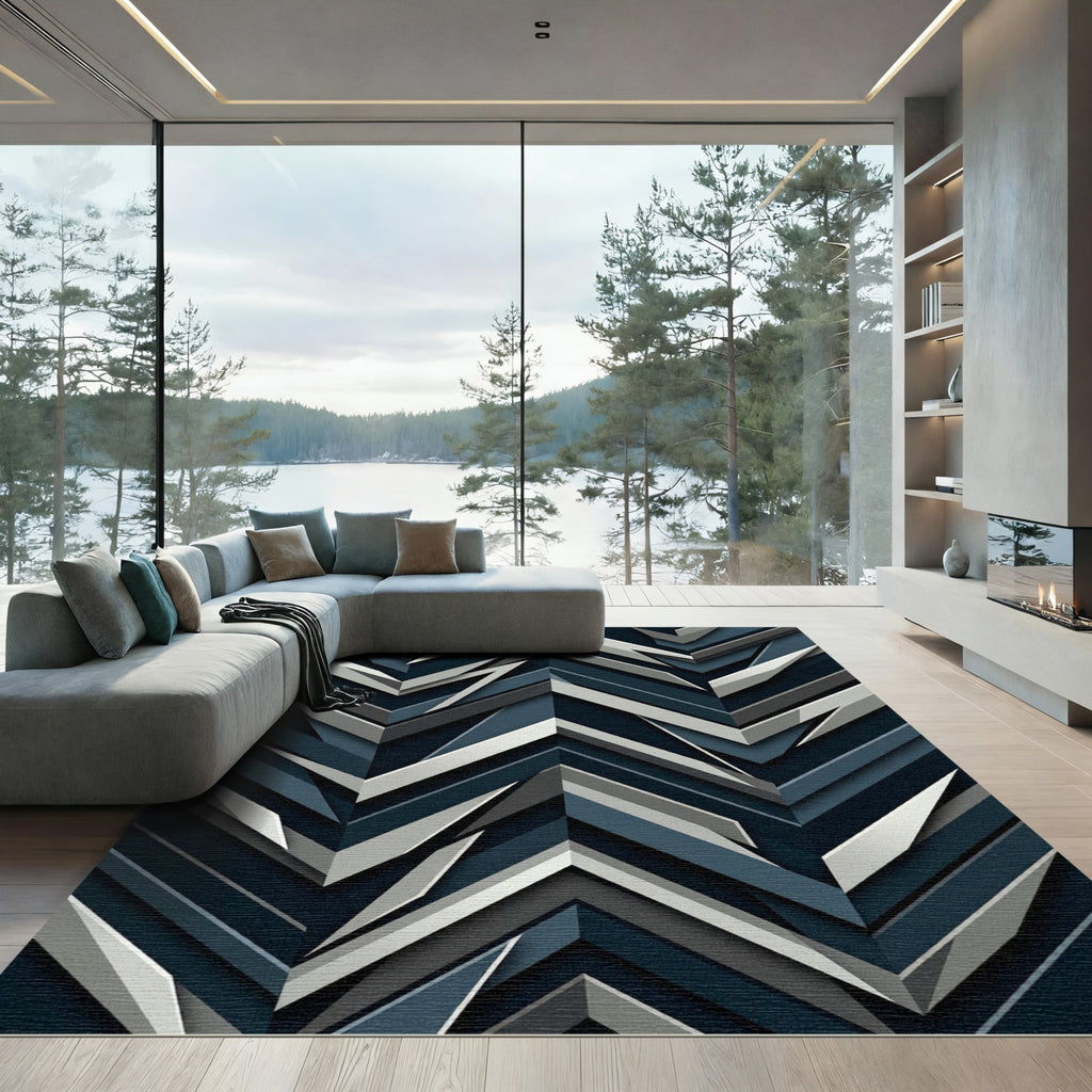 Deep Blue Jagged Chevron Rug