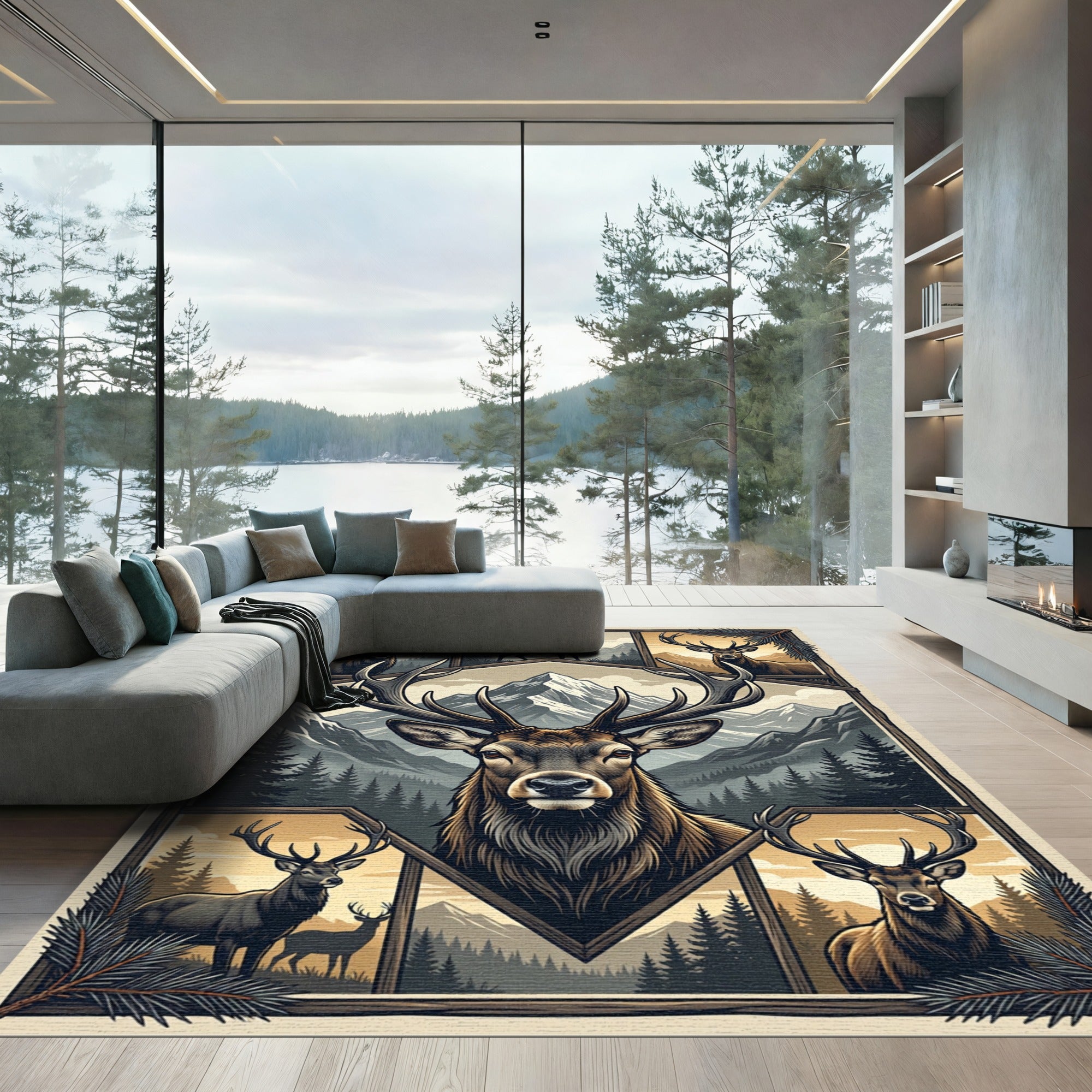 Rustic Majestic Elk Mountain Panel Art Rug