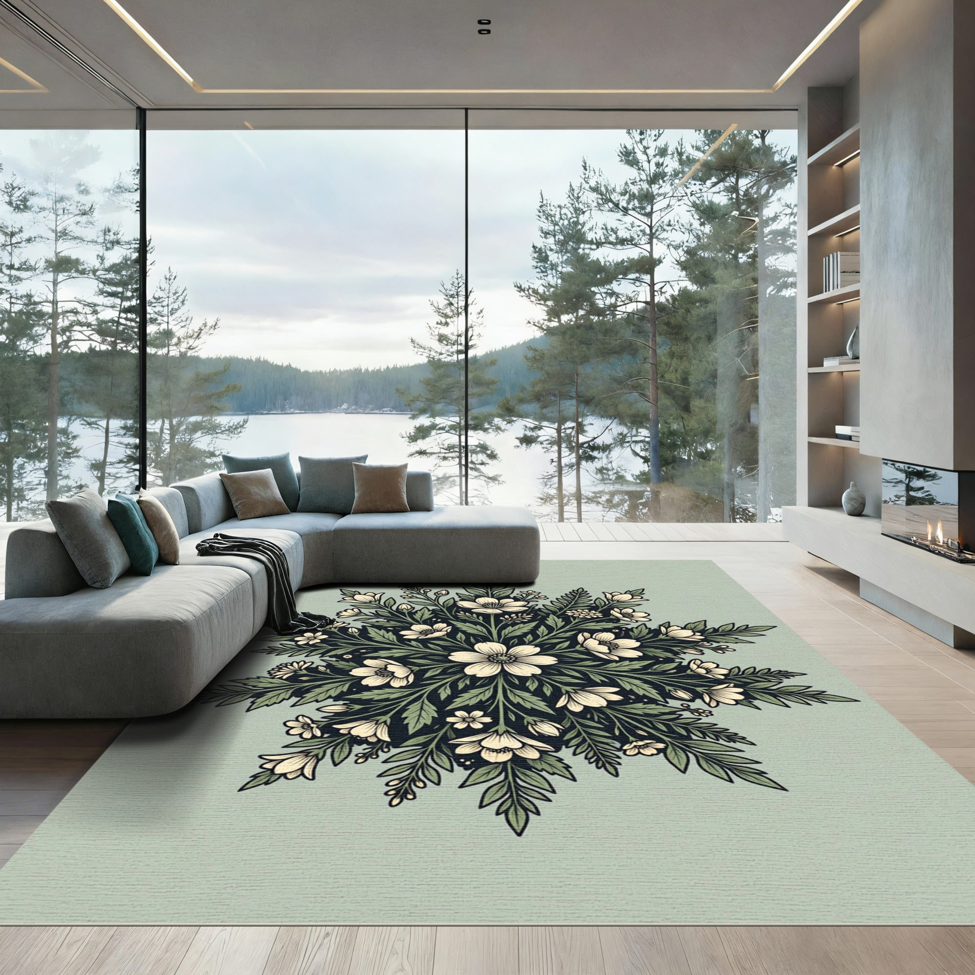 Sage Green Cream Floral Medallion Rug