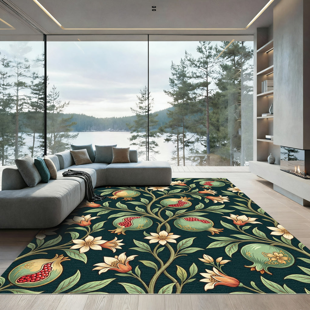 Deep Green Pomegranate Floral Vine Rug