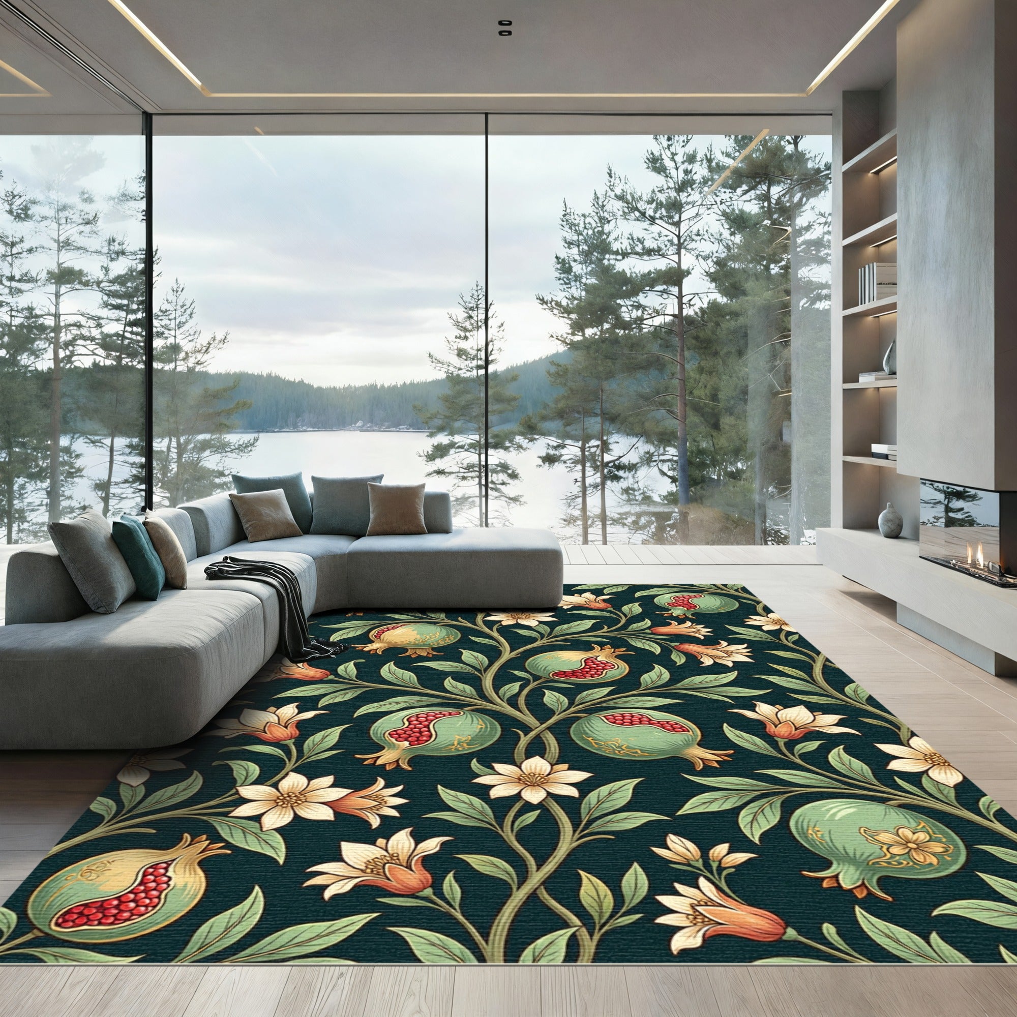 Deep Green Pomegranate Floral Vine Rug