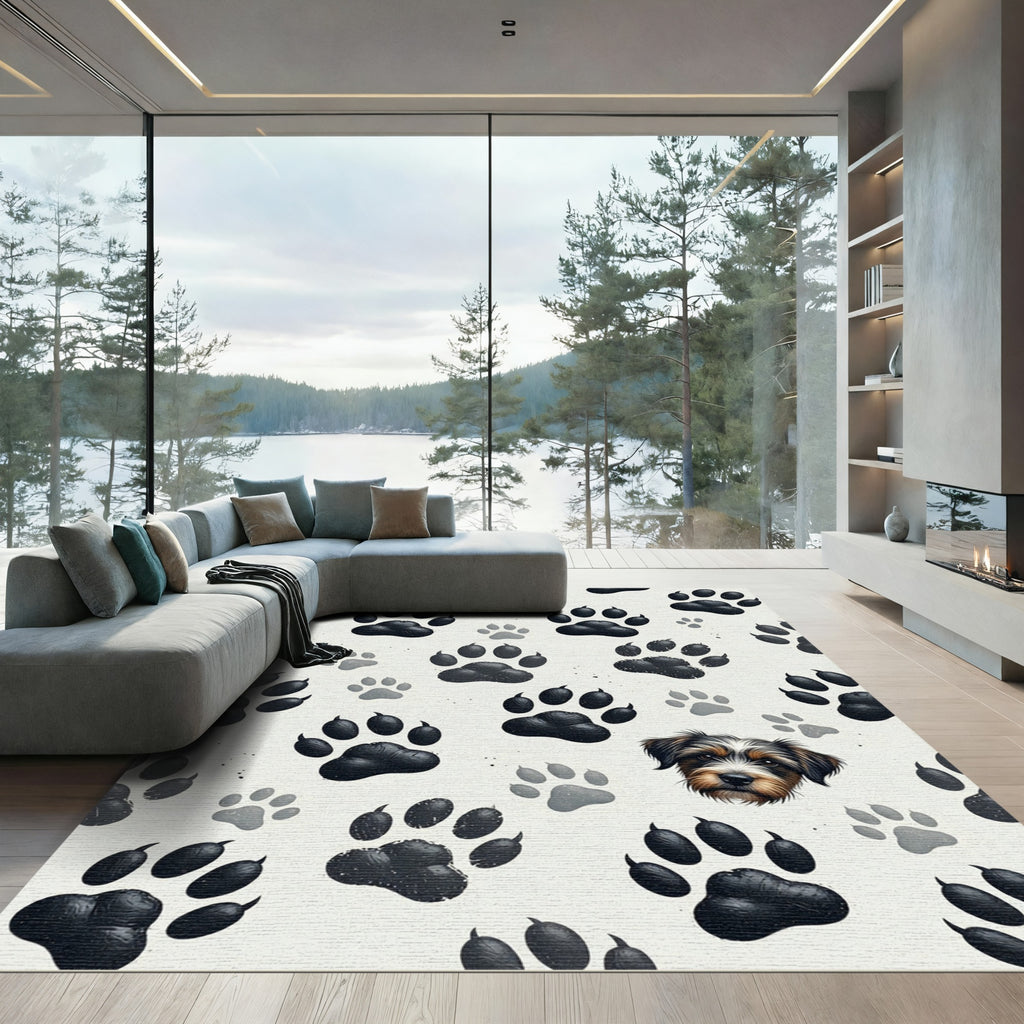 Playful Dark Paw Print Puppy Illustration Rug
