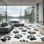 Playful Dark Paw Print Puppy Illustration Rug