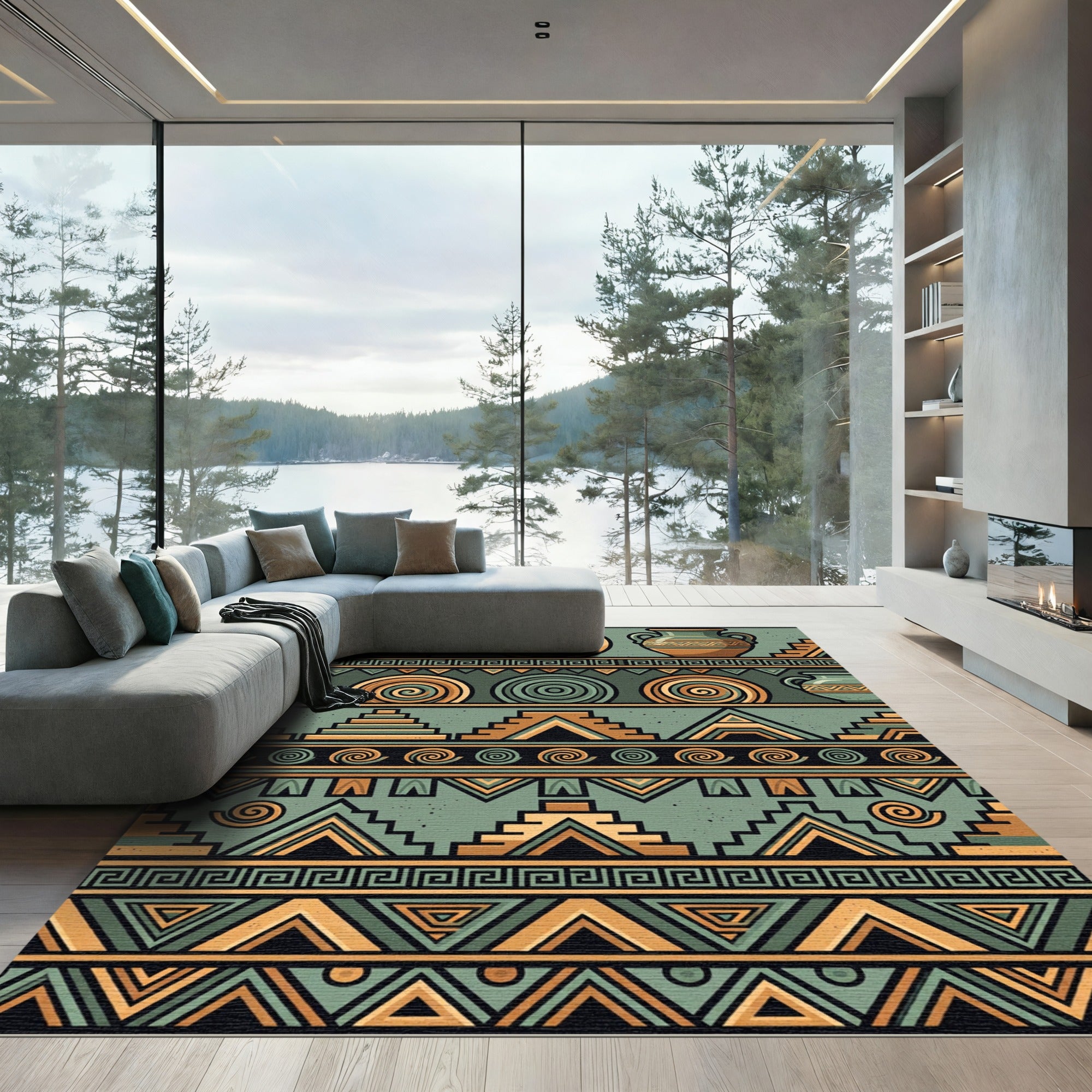 Earthen Aztec Geometric Terracotta Sage Arcs Rug