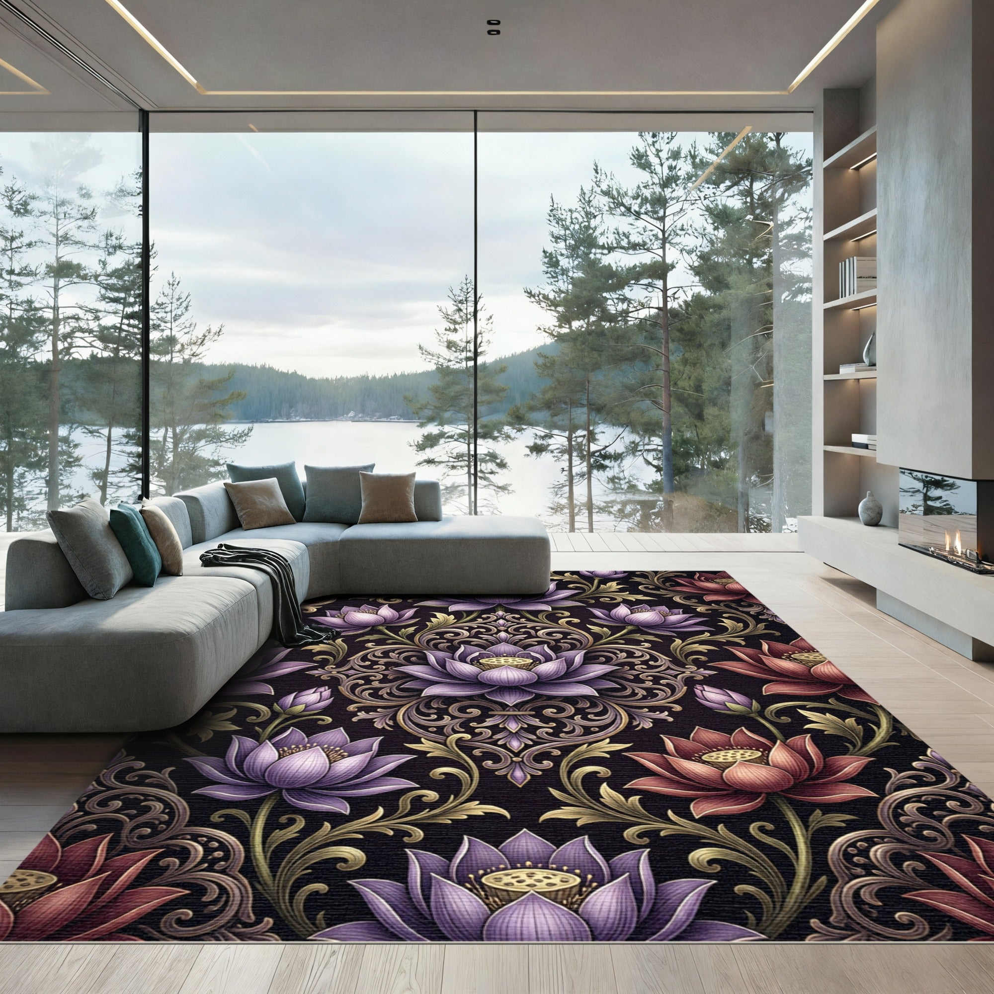 Lavender Crimson Lotus Scroll Rug