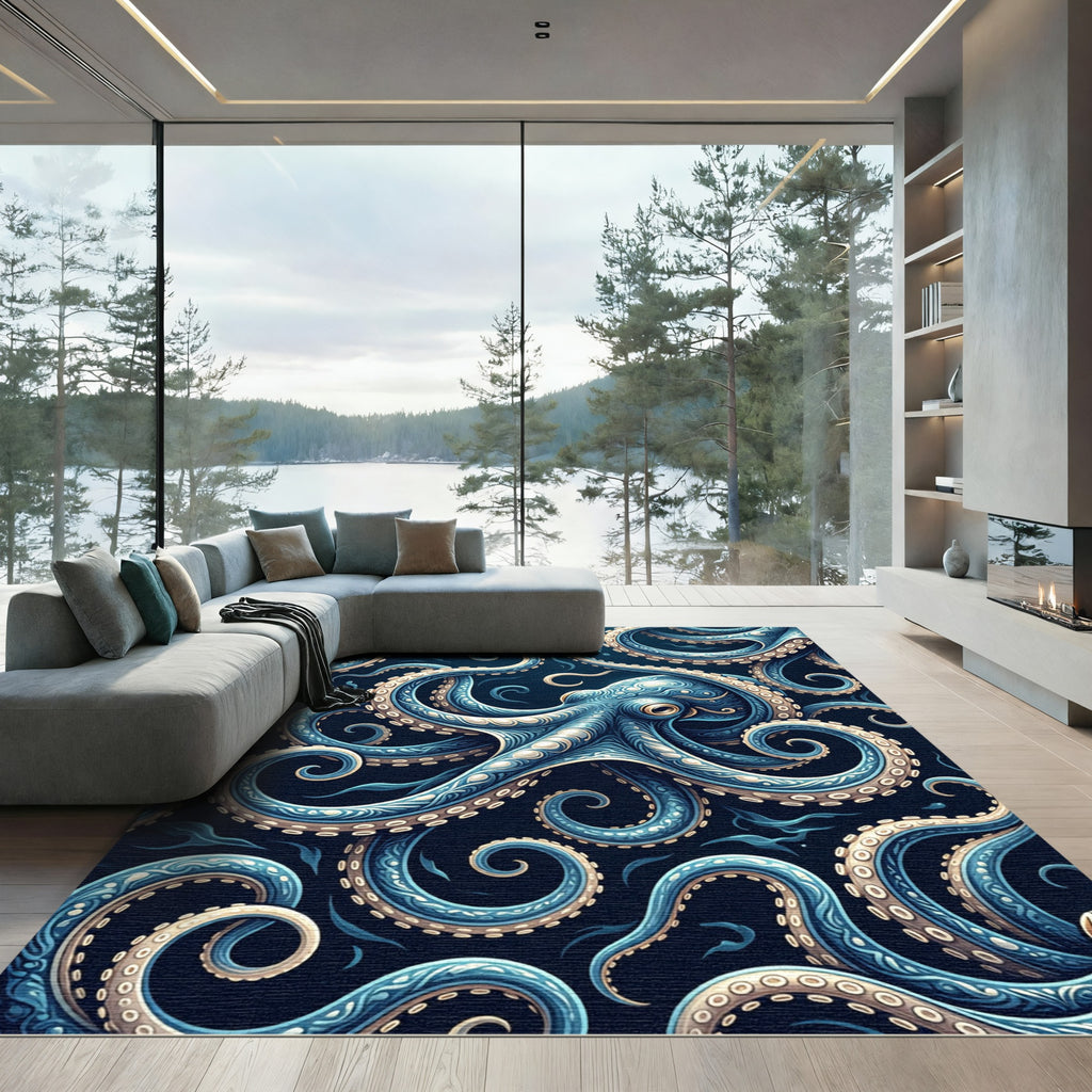 Deep Blue Intricate Octopus Swirl Rug