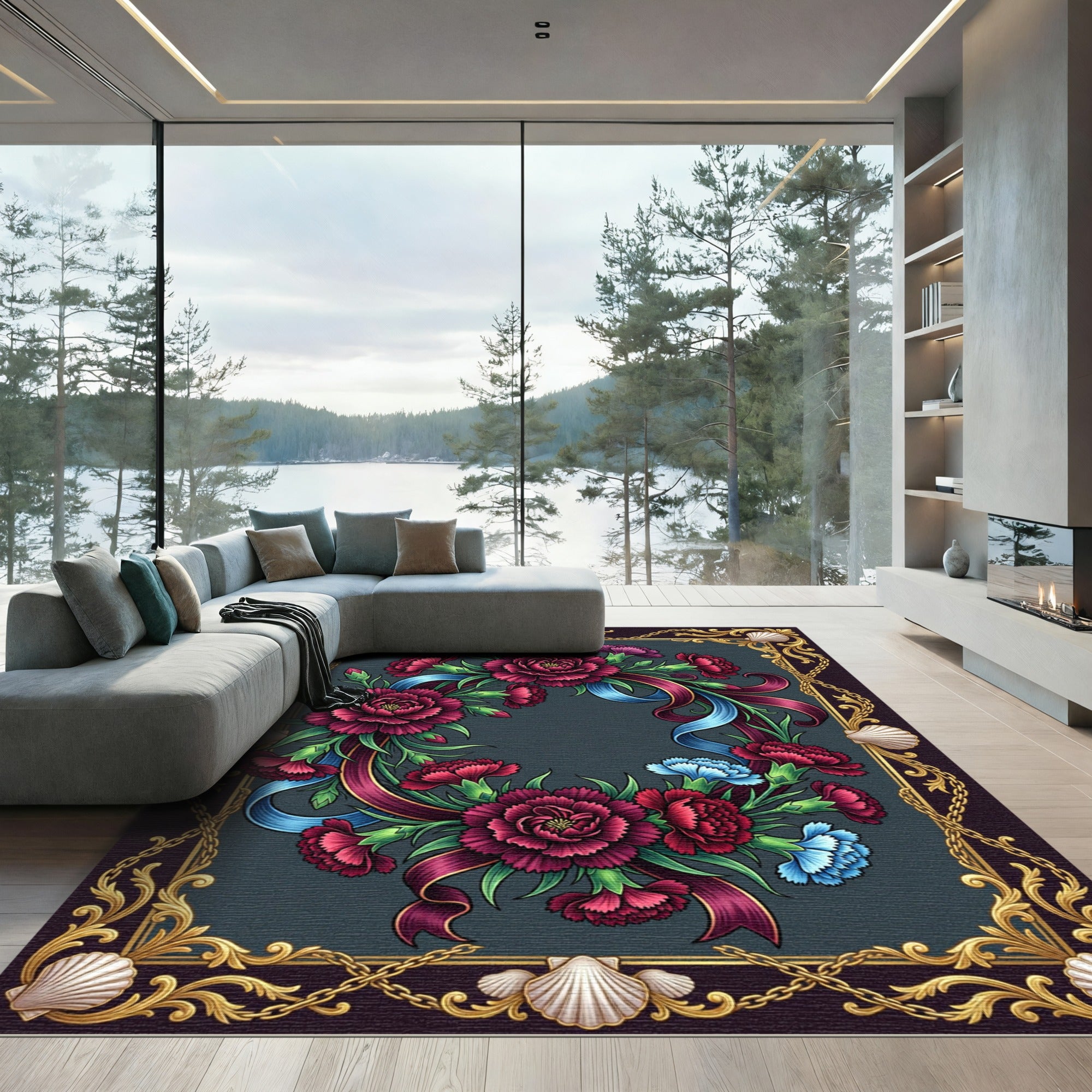 Crimson Carnation Floral Gold Shell Frame Rug