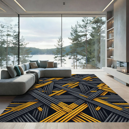 Abstract Interwoven Gray Yellow Strands Rug