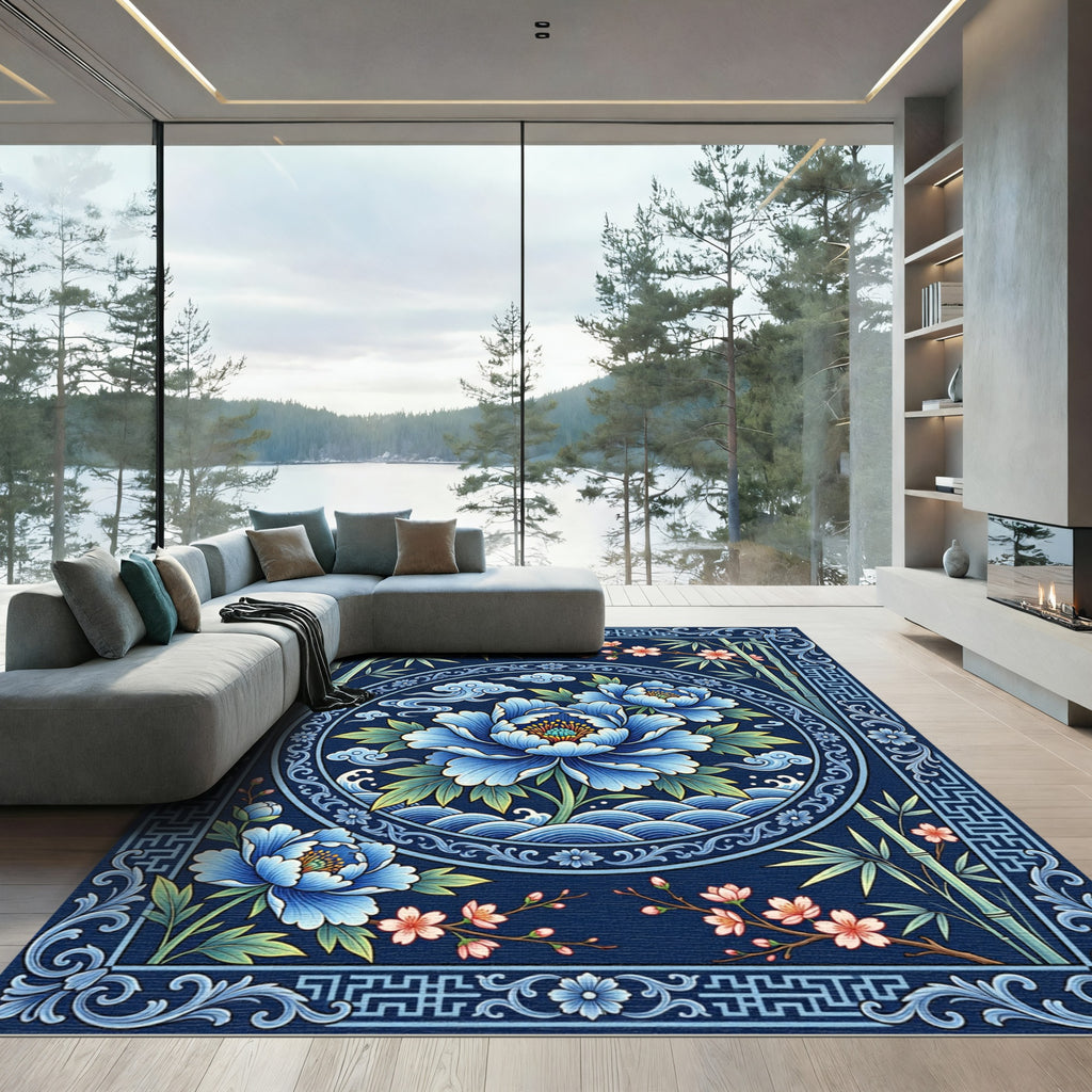 Blue Floral Bamboo Chinoiserie Medallion Rug