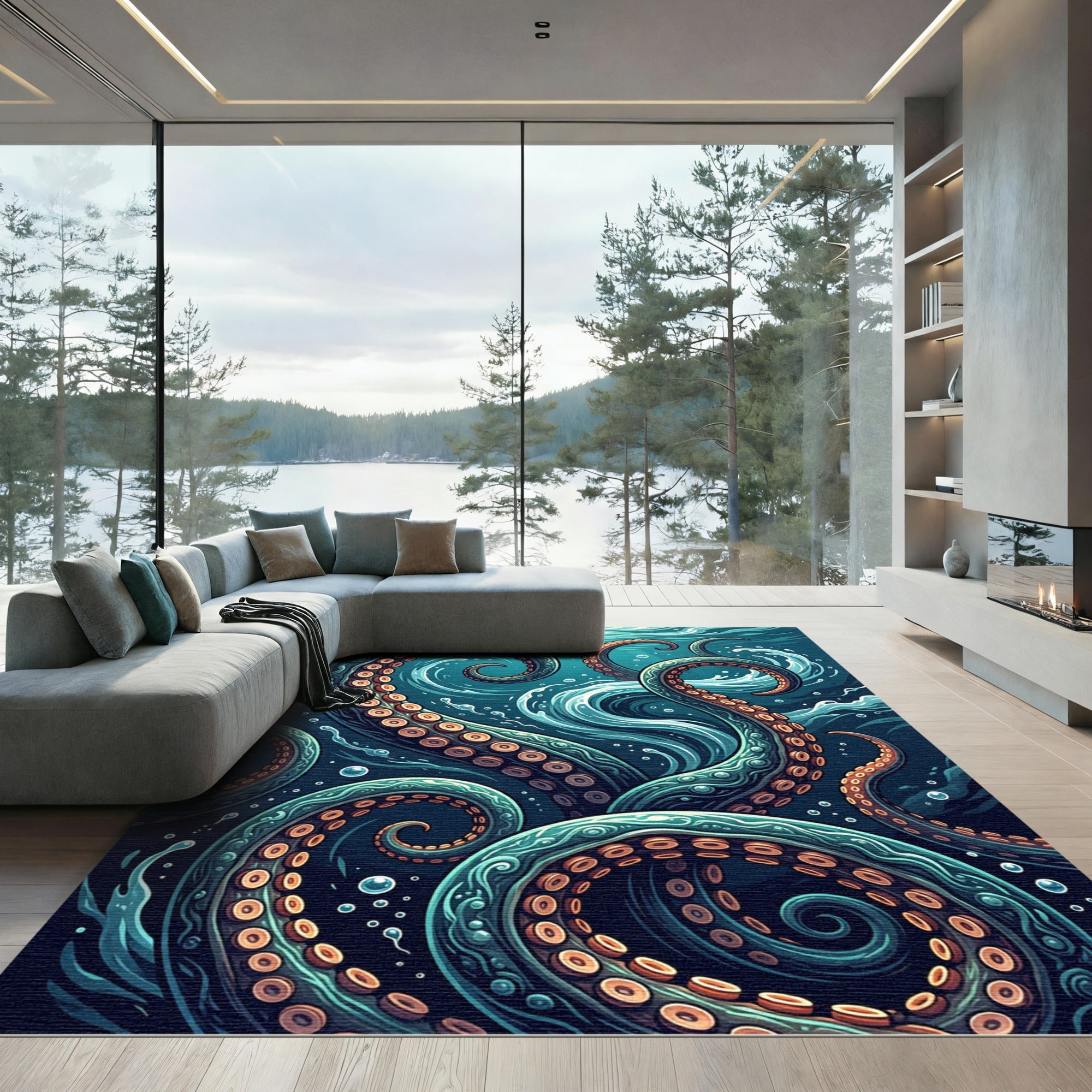 Deep Blue Swirling Kraken Tentacle Art Rug