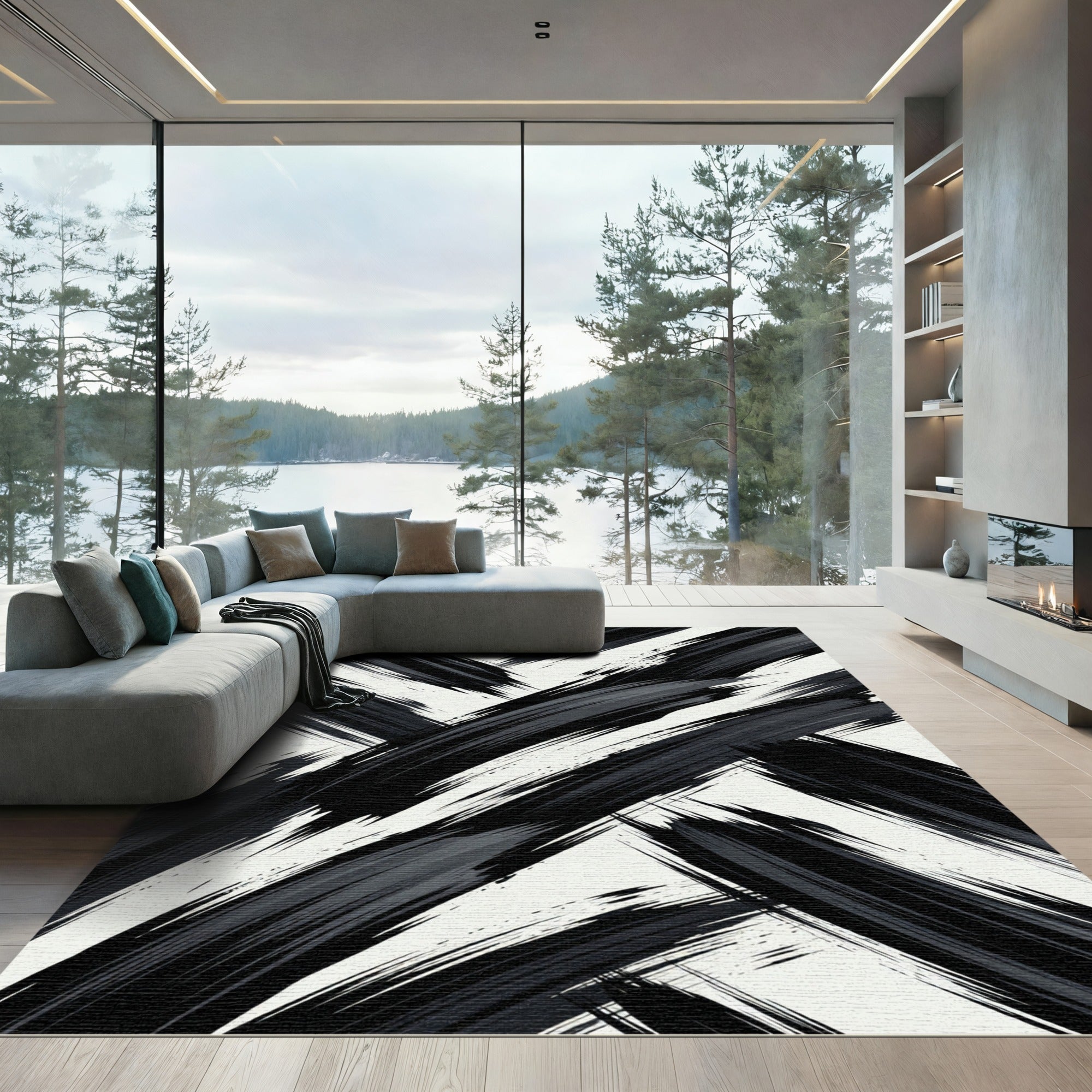 Charcoal Black Abstract Diagonal Brushstroke Rug